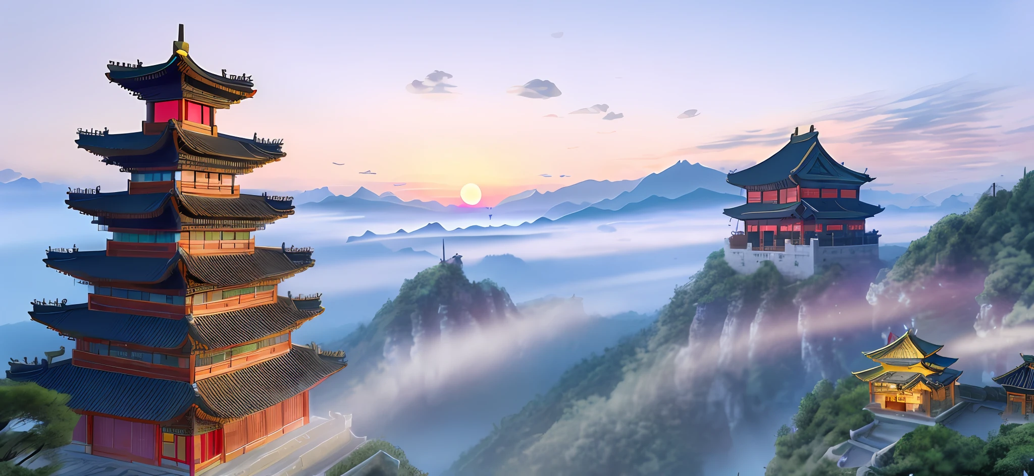 Clouds, sky, night, ancient Chinese buildings, exquisite and real, castles in the sky, mountains, plants, falling flowers, fairy air fluttering, fairy online game, void fog, heavenly court, moonlight