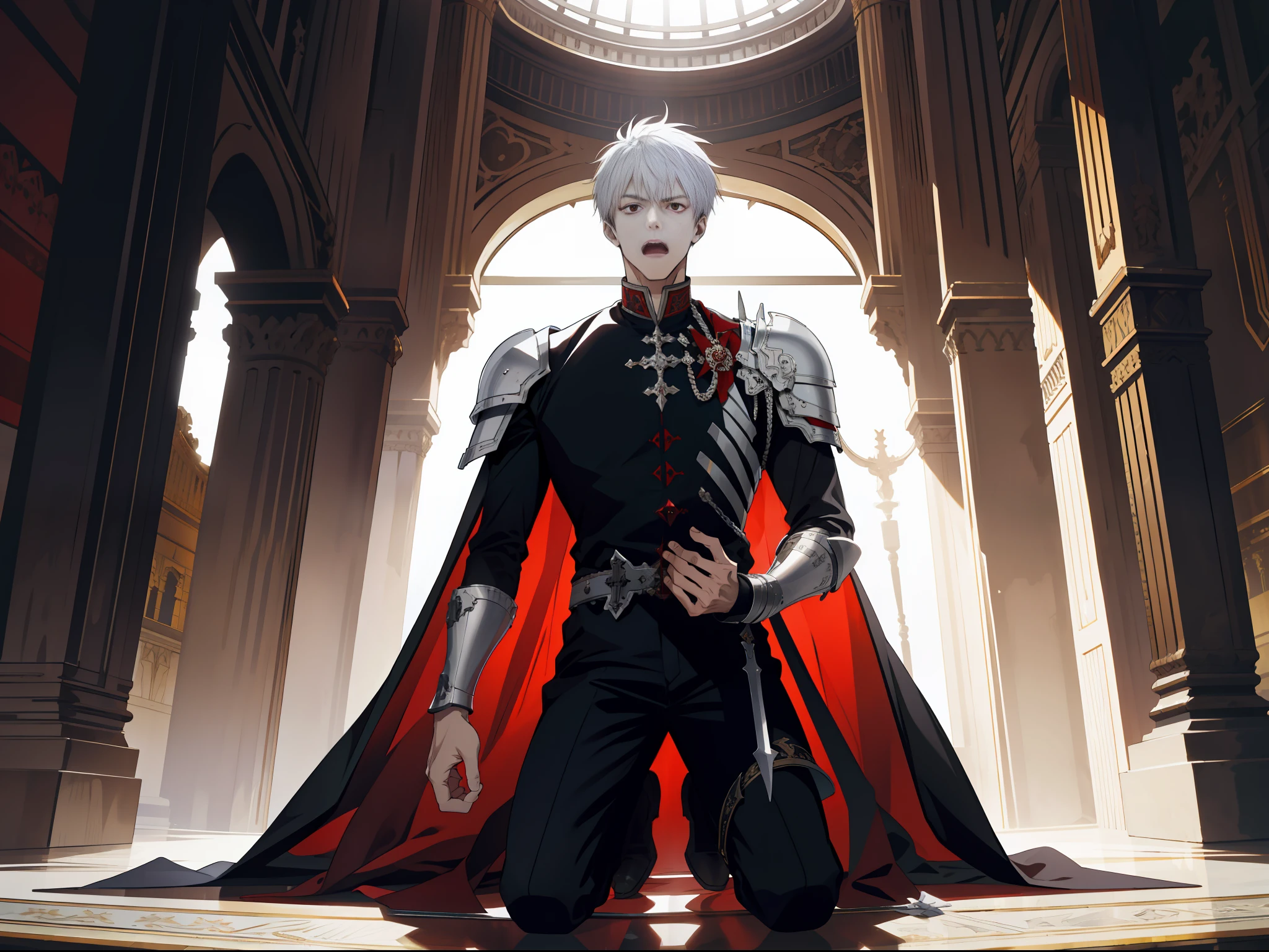 (absurd, high resolution), (panorama), (1 male), adult, tall, in armor, red eyes, evil charm, short white back hair, in the palace, (surprised), open mouth, (kneeling on one knee), fear