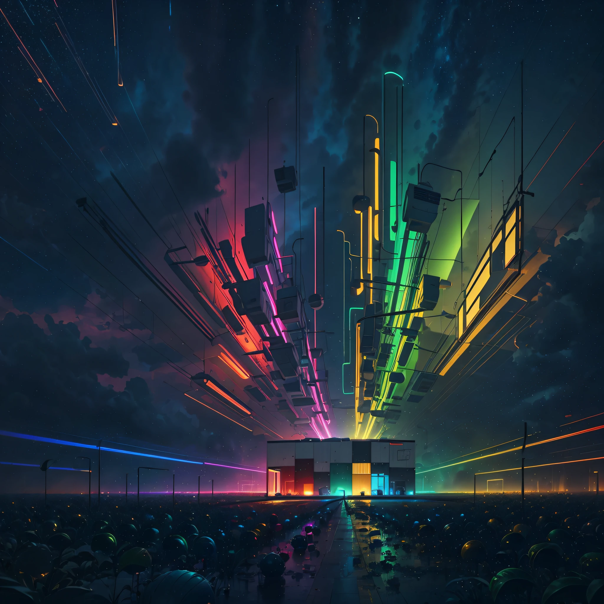An immersive and captivating vision where the sky rains down with a shower of color boxes in hues of gold, green, red, and blue, amidst a backdrop of dark technology. --auto --s2