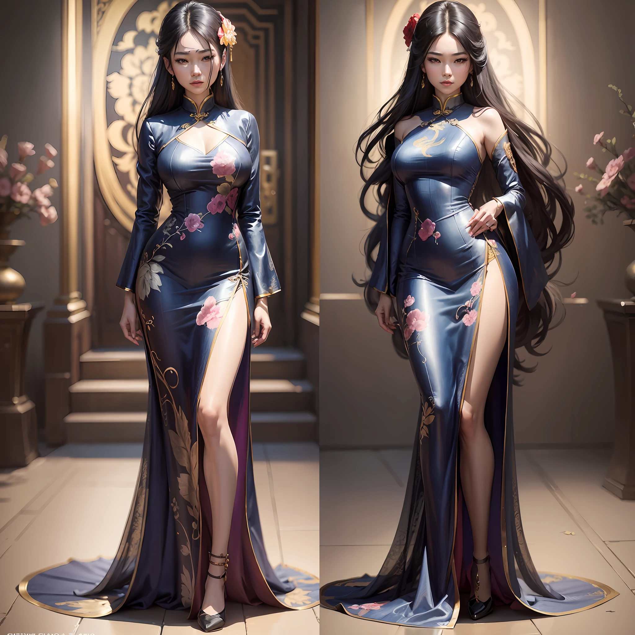 Oriental Glamour Woman, Mature, Beautiful, Intellectual, Fantasy Art, Photo Realism, Dynamic Lighting, ArtStation, Poster, Volumetric Lighting, Very Detailed Faces, 4 K, Award-Standing, 1Girl, In the Dark, Deep Shadows, Low Key, Denim Photo, (Formal Wear: 1.4), Long Hair, Black Eyes Bright, Temperament Effeminate, Cheongsam, Full Body --auto --s2