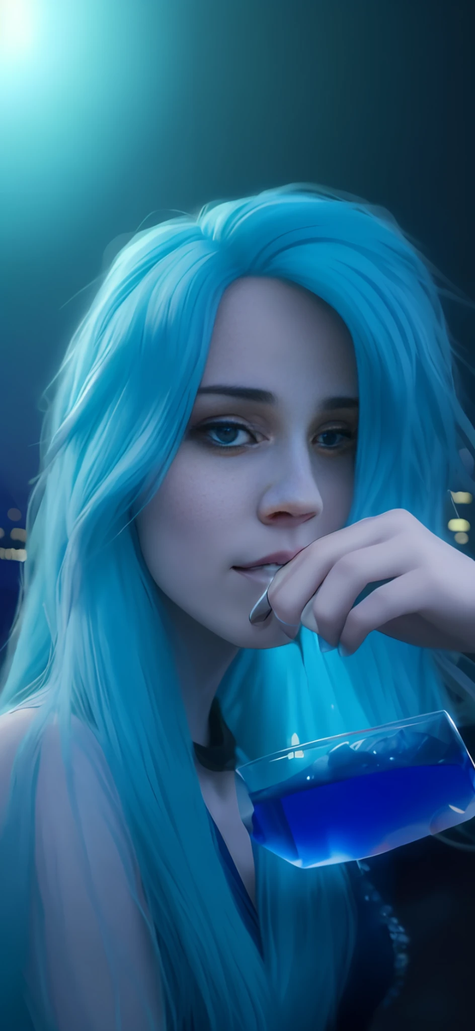 Arafed wolf woman with blue hair drinking a drink from a glass, wolf ears, long dark blue hair, with a drink, flowing blue hair, beautiful girl with blue hair,night landscape, cartoon anime style, starry sky, full moon