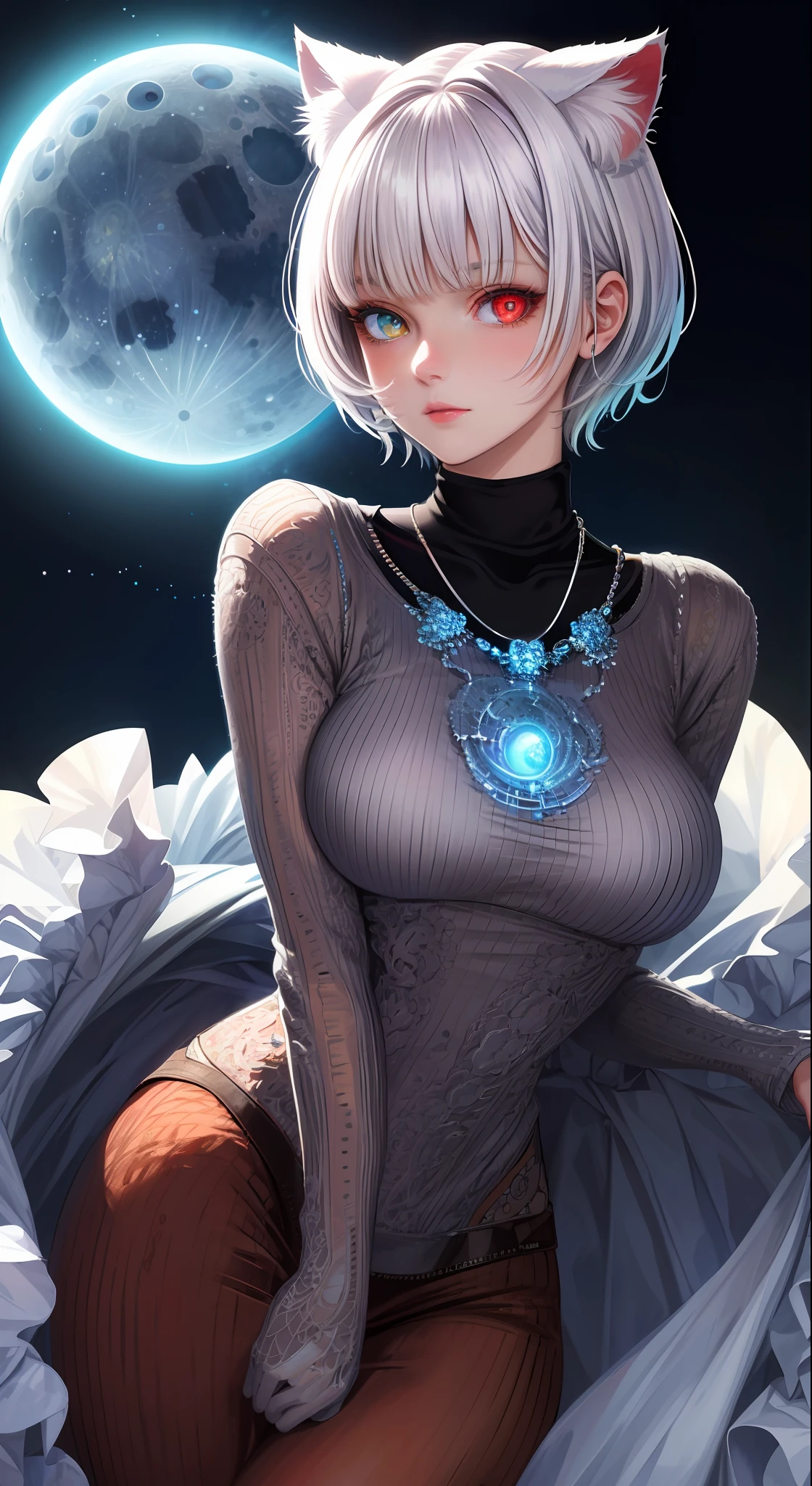 masterpiece, best quality, ultra-detailed, illustration,(1girl),beautiful detailed eyes, looking at viewer, close up, (breast focus), white short hair, shy, cat ears, ((glowing blue necklace)), moon in background, (blue and red eyes), thick lips, ((heterochromia)), small breasts, (turtleneck sweater)
