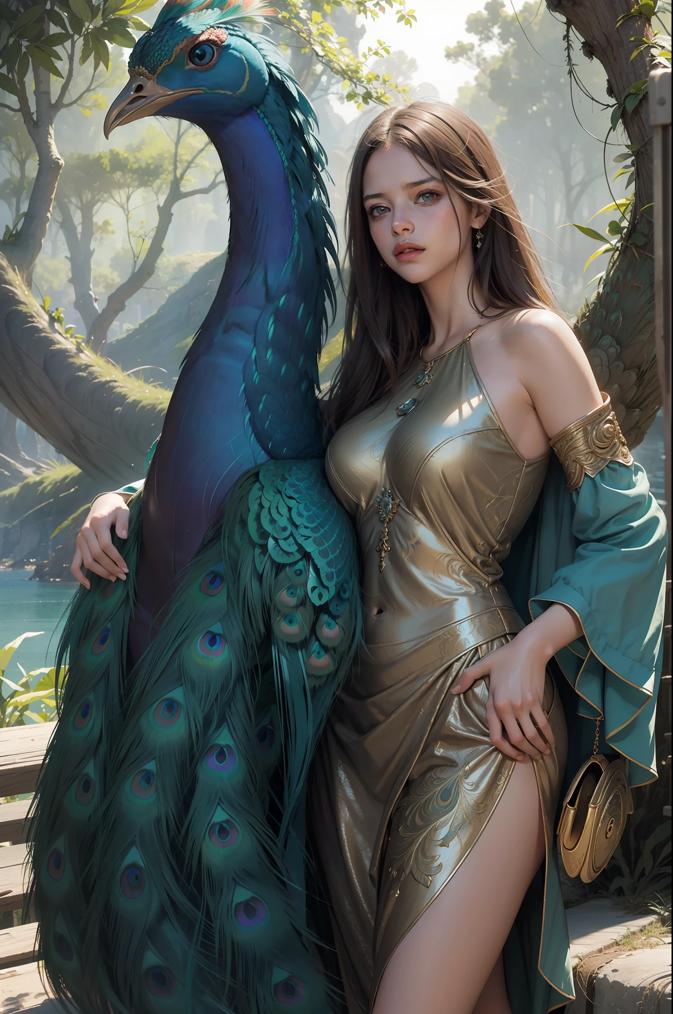fantastic realism, masterpiece, super detailed, 1 beautiful girl, hugging a giant peacock, plain, background lake, detailed background, (top quality, Alessandro Casa Grande, Greg Rutkowski, Sally Mann, concept art, 4k),