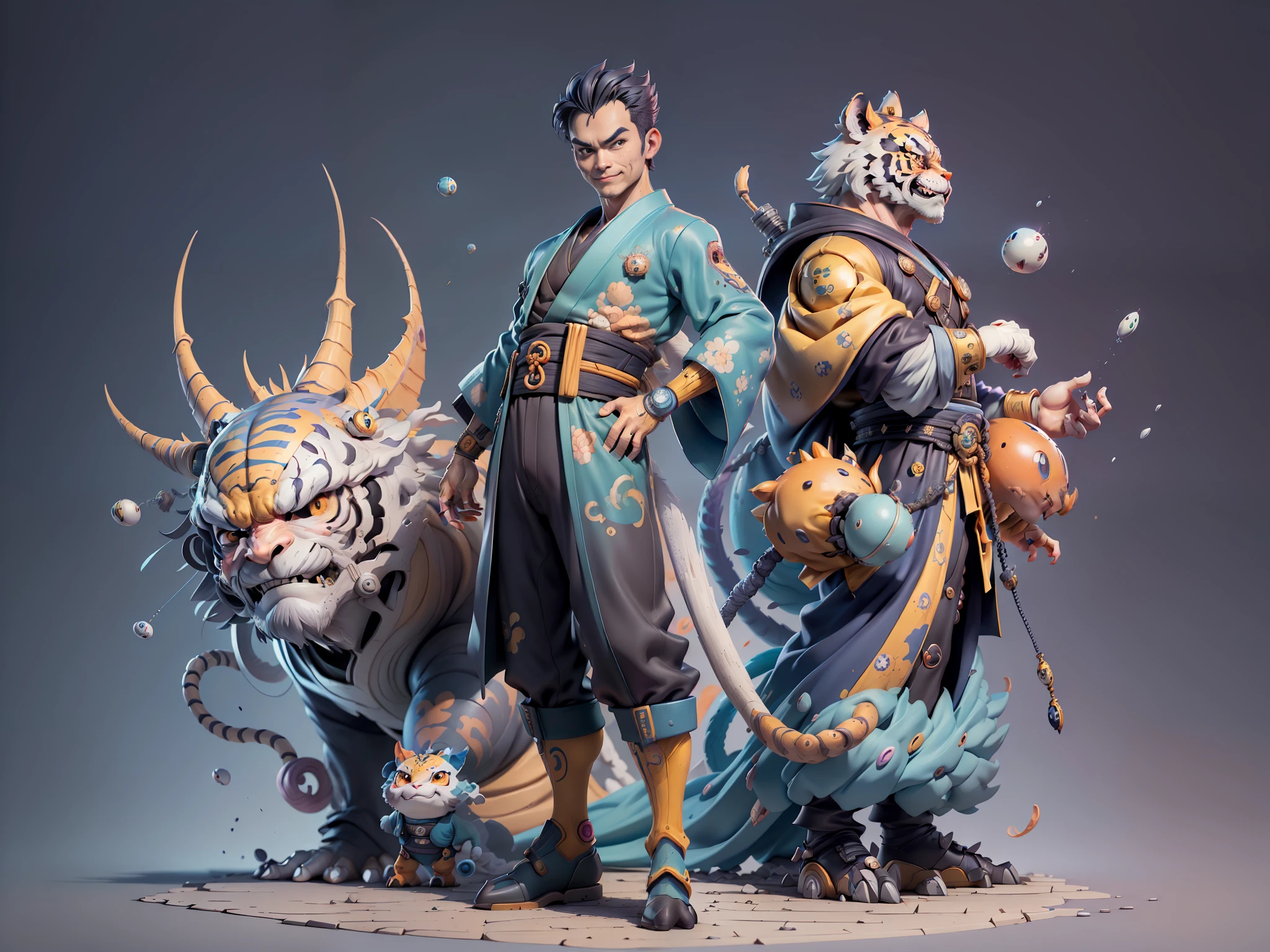 ((Masterpiece), (Excellent), (Super Meticulous), (Full Body: 1.2), Super Young Man, Oriental Face, Japanese Kimono, Japanese Wind Thunder God, Dragon, Tiger, TV Anchor, Bust Portrait Illustration, Alone, Black Suit, Blue Tie, Slightly Chubby, Very Clean Face, No Beard, Black Super Short Hair, Black Eyes, Confident Smile, 3c Computer Sub-Products, iPad, iPhone, Digital Painting, 3D Character Design by Akira Toriyama and Mark Claireden and Pixar and Hayao Miyazaki, The illustration is a high-definition illustration in 4K resolution with very detailed facial features and cartoon-style visuals.
