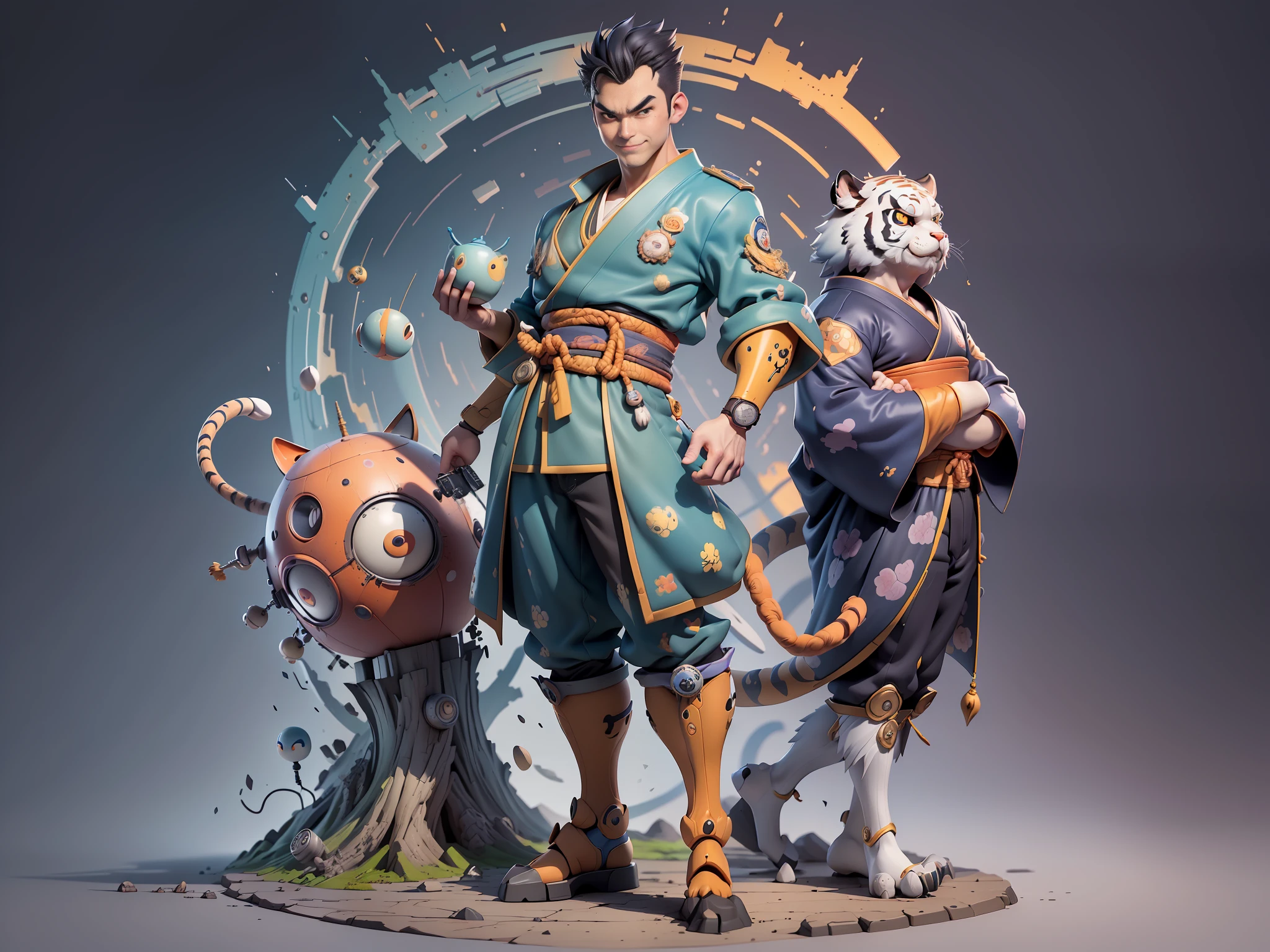 ((Masterpiece), (Excellent), (Super Meticulous), (Full Body: 1.2), Super Young Man, Oriental Face, Japanese Kimono, Japanese Wind Thunder God, Dragon, Tiger, TV Anchor, Bust Portrait Illustration, Alone, Black Suit, Blue Tie, Slightly Chubby, Very Clean Face, No Beard, Black Super Short Hair, Black Eyes, Confident Smile, 3c Computer Sub-Products, iPad, iPhone, Digital Painting, 3D Character Design by Akira Toriyama and Mark Claireden and Pixar and Hayao Miyazaki, The illustration is a high-definition illustration in 4K resolution with very detailed facial features and cartoon-style visuals.