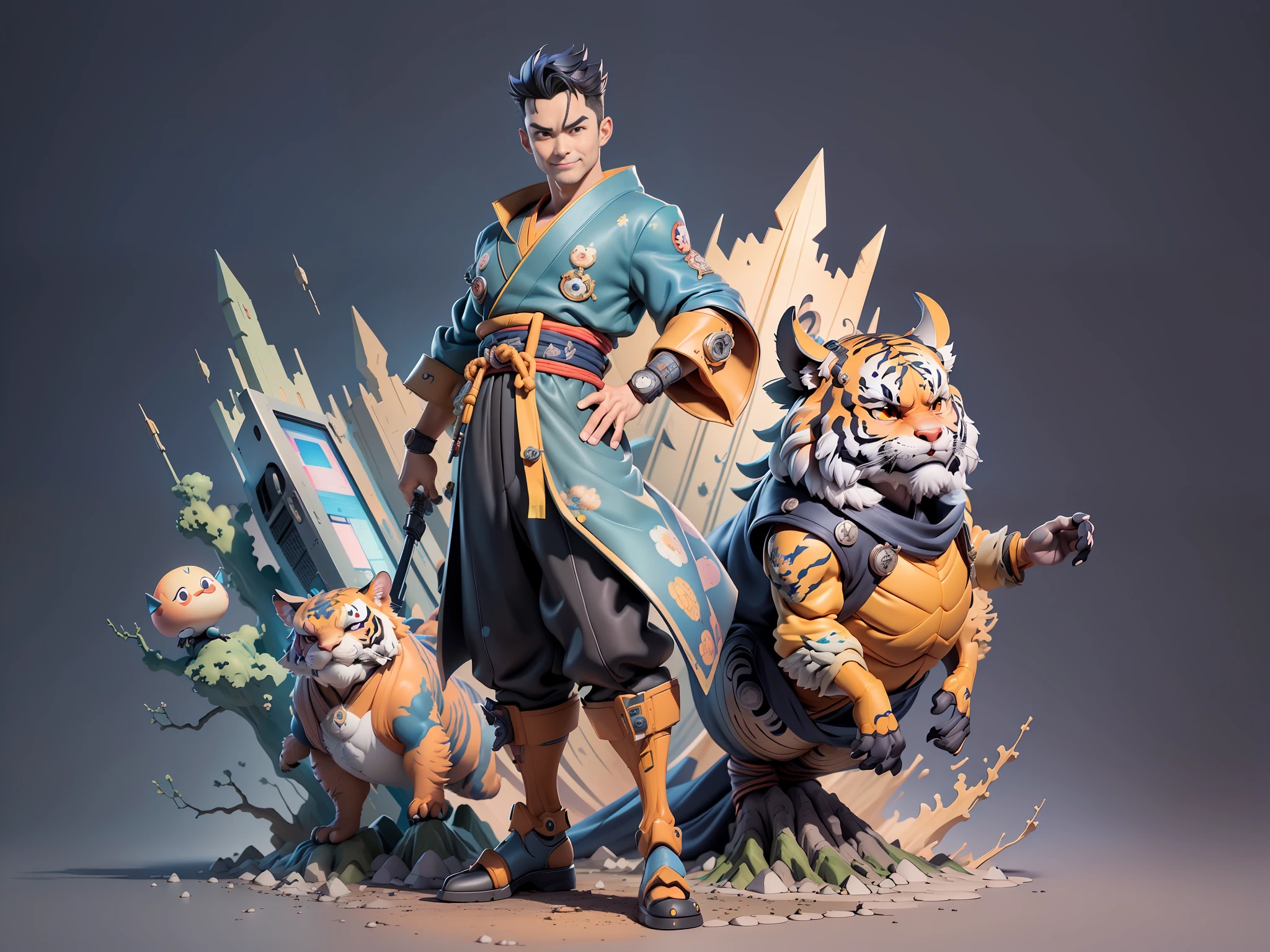 ((Masterpiece), (Excellent), (Super Meticulous), (Full Body: 1.2), Super Young Man, Oriental Face, Japanese Kimono, Japanese Wind Thunder God, Dragon, Tiger, TV Anchor, Bust Portrait Illustration, Alone, Black Suit, Blue Tie, Slightly Chubby, Very Clean Face, No Beard, Black Super Short Hair, Black Eyes, Confident Smile, 3c Computer Sub-Products, iPad, iPhone, Digital Painting, 3D Character Design by Akira Toriyama and Mark Claireden and Pixar and Hayao Miyazaki, The illustration is a high-definition illustration in 4K resolution with very detailed facial features and cartoon-style visuals.