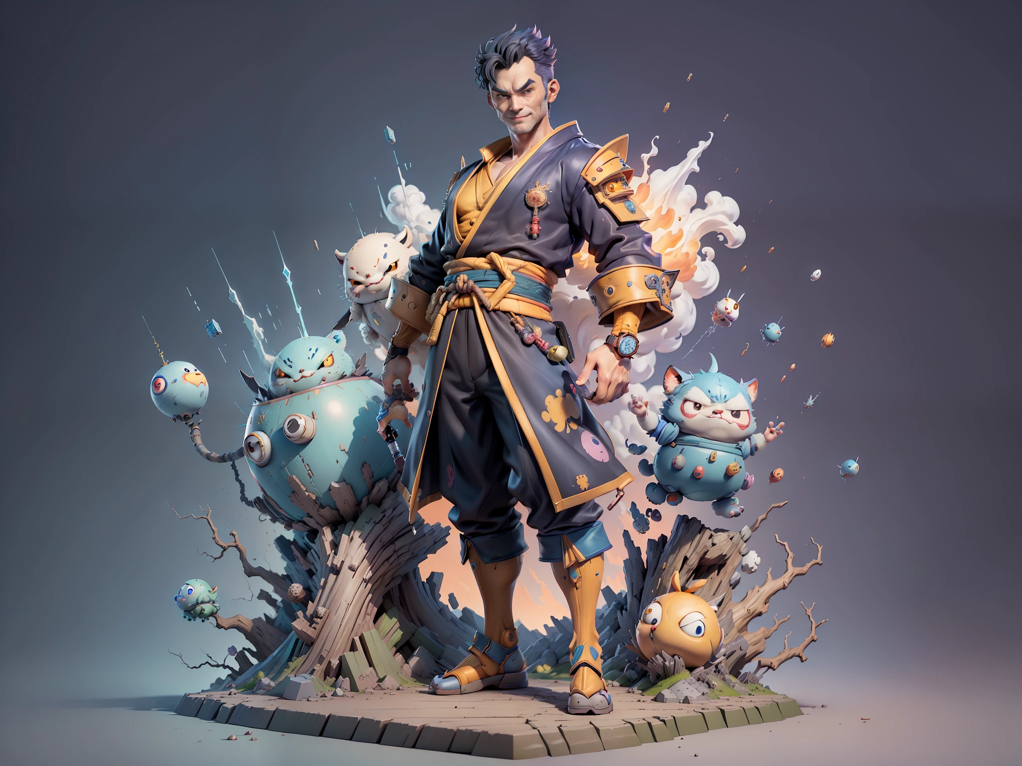 ((Masterpiece), (Excellent), (Super Meticulous), (Full Body: 1.2), Super Young Man, Oriental Face, Japanese Kimono, Japanese Wind Thunder God, Dragon, Tiger, TV Anchor, Bust Portrait Illustration, Alone, Black Suit, Blue Tie, Slightly Chubby, Very Clean Face, No Beard, Black Super Short Hair, Black Eyes, Confident Smile, 3c Computer Sub-Products, iPad, iPhone, Digital Painting, 3D Character Design by Akira Toriyama and Mark Claireden and Pixar and Hayao Miyazaki, The illustration is a high-definition illustration in 4K resolution with very detailed facial features and cartoon-style visuals.