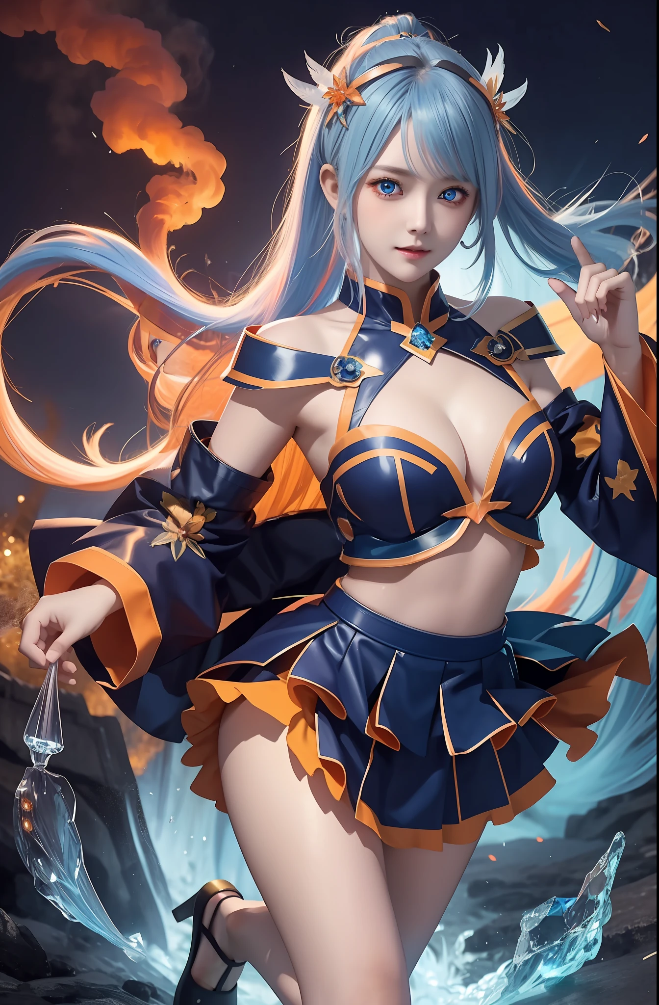 Masterpiece, top quality, orange hair, orange lightning, pointing the finger at yourself. Realistic, realistic details, details. Blue clothes. Orange thunder. Orange crystal. Airborne particles. Blue smoke. Blue crystals around. Blue smoke wafting around. Walk. Ponytail.
1 girl, beauty, seductive face,, fine skin, anicos_inori,, short hair, navel, parted sleeves, bare shoulders, center opening, cleavage, middle breast, hair clip with long feathers, blue hair ornament, red eyes, thigh height,watch viewer,isekai,mini skirt、darkness ochi. Luminous eyes.