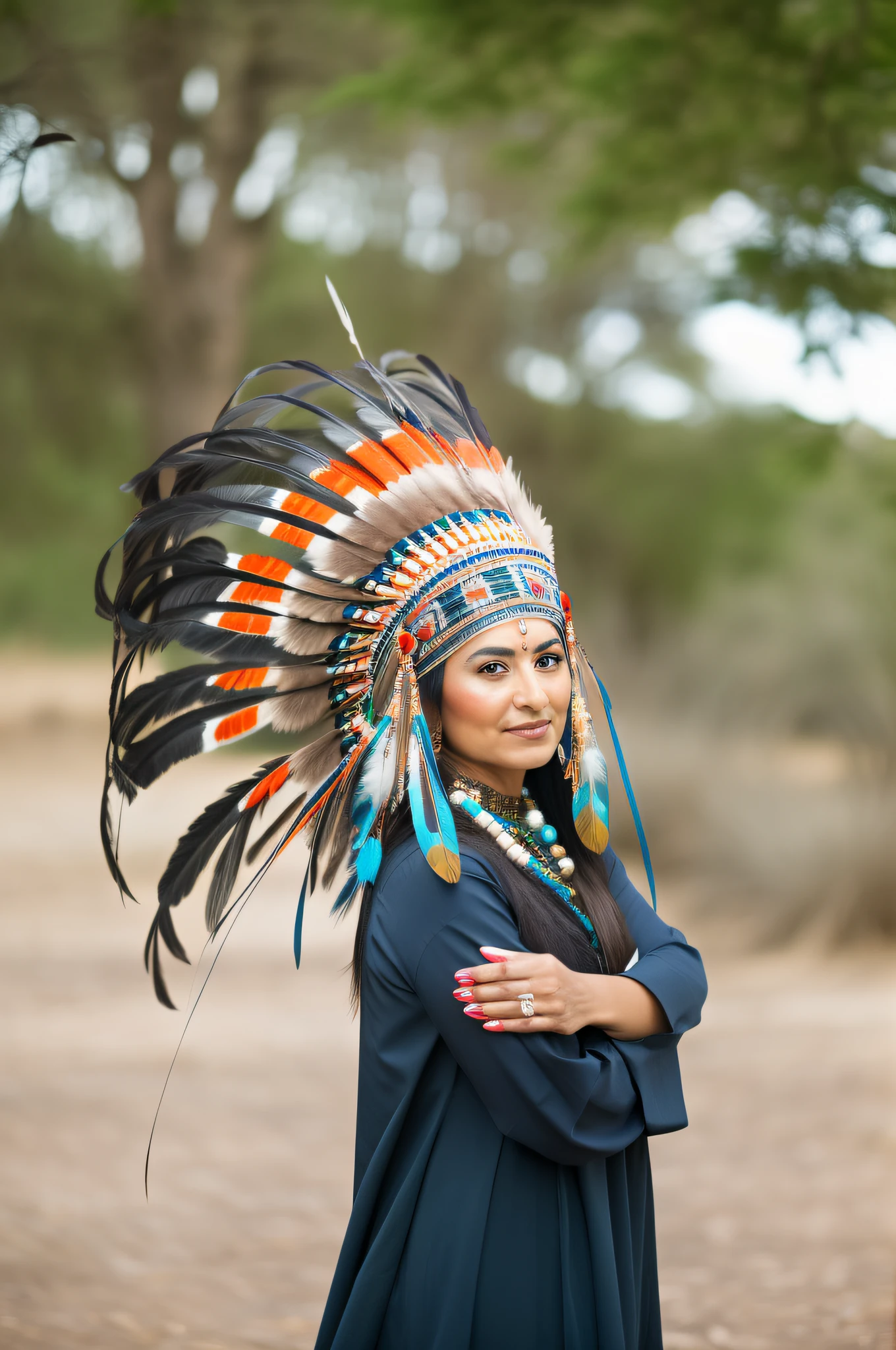 arafed woman in a native american headdress poses for a picture, feather native american headgear, american indian headdress, wearing crown of bright feathers, feathered headdress, headdress, portrait shot, native american, wearing authentic attire, crown of body length feathers, closeup portrait shot, crown of very long feathers, girl with feathers
