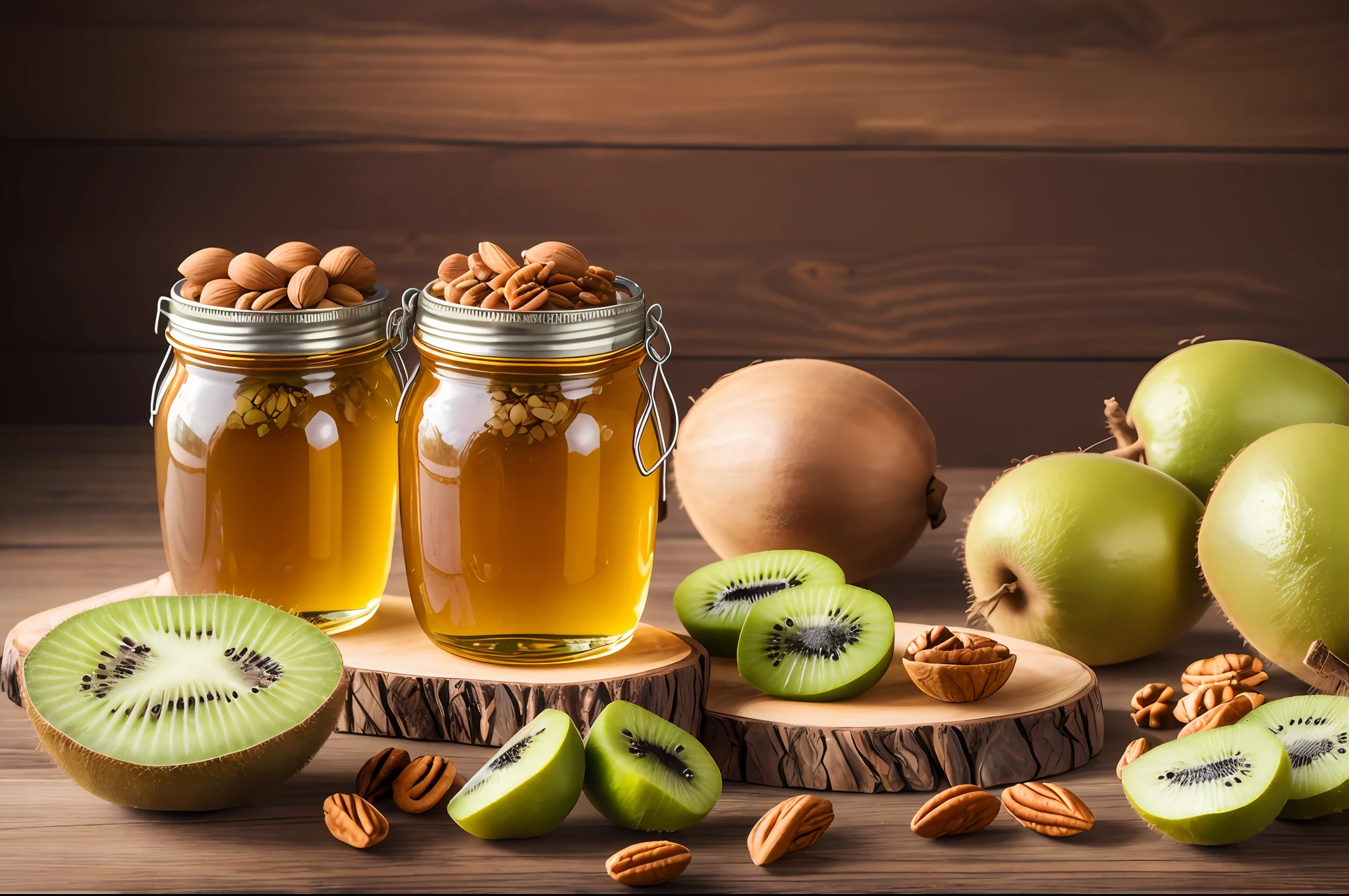 Ghee Jars On a Wooden table with Kiwi fruits and nuts, photography, warm, multispectral imaging, F/2.8, anamorphic lens, 2-dimensional, 16k, full HD, dark background --auto --s2