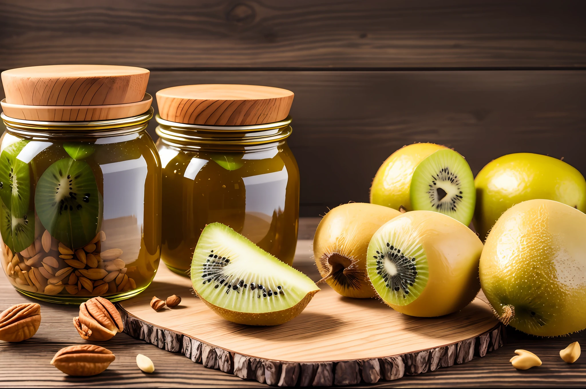 Ghee Jars On a Wooden table with Kiwi fruits and nuts, photography, warm, multispectral imaging, F/2.8, anamorphic lens, 2-dimensional, 16k, full HD, dark background --auto --s2