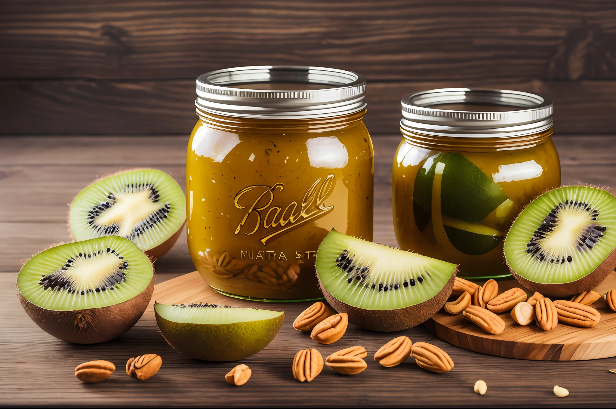 Ghee Jars On a Wooden table with Kiwi fruits and nuts, photography, warm, multispectral imaging, F/2.8, anamorphic lens, 2-dimensional, 16k, full HD, dark background --auto --s2