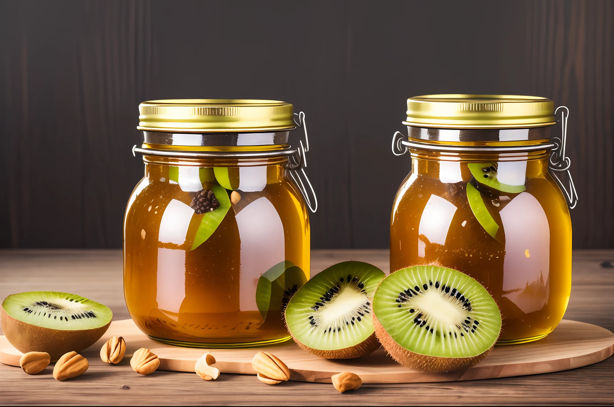 Ghee Jars On a Wooden table with Kiwi fruits and nuts, photography, warm, multispectral imaging, F/2.8, anamorphic lens, 2-dimensional, 16k, full HD, dark background --auto --s2