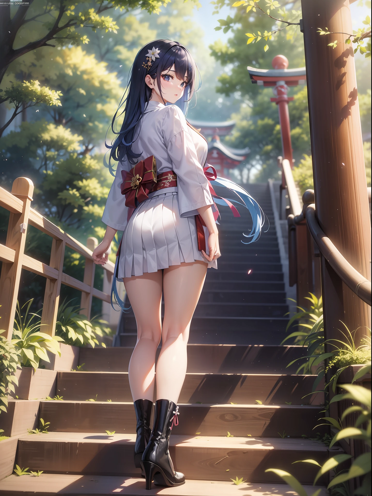 a beautiful female, stand on the stairs to the japanese shrine withbare hands, looks back at the viewer, wearing suit shirt and uniform skirt, the cherry bolssom flutter from the top of the stairs, on the montain, long hair, gradient hair, blue hair, silver hair, black hair, close-up, from below, pov, reflection light, ray tracing, masterpiece, high quality, anatomically correct, ccurate, super detail, UHD, HD