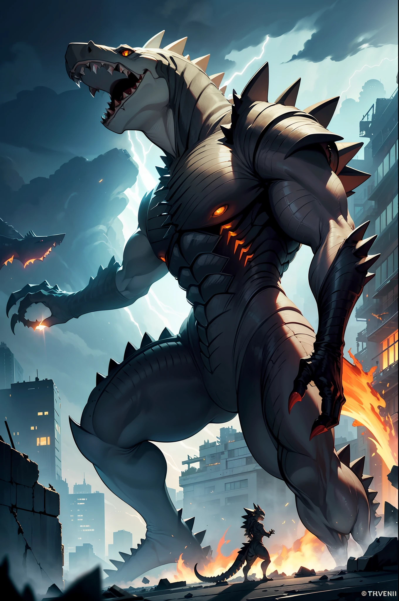 [Detailed illustrations, very detailed and detailed drawings],((Destroyed Buildings) Manhattan background at night (Great Fire)),(Brown KAIJU) (Reptile)),[Small head (glowing eyes) Thick and strong neck] (Short arms) Strong thighs ((theropod) Bipod walking) ((Long and strong tail)),[Two large horns protruding on either side of the head],((Stegosaurus-like dorsal fins) ( rocky skin) Raised sharp scales ((shark fangs)) (eagle's claws)) ((Sabertooth)) ((EDGE)) ((Forward leaning posture)),(Magma energy in the body),((Lightning in the sky)). [Ultra-precision detail,High Quality,High resolution,((Multilayer texture))],((Visual art that conveys narrative)).