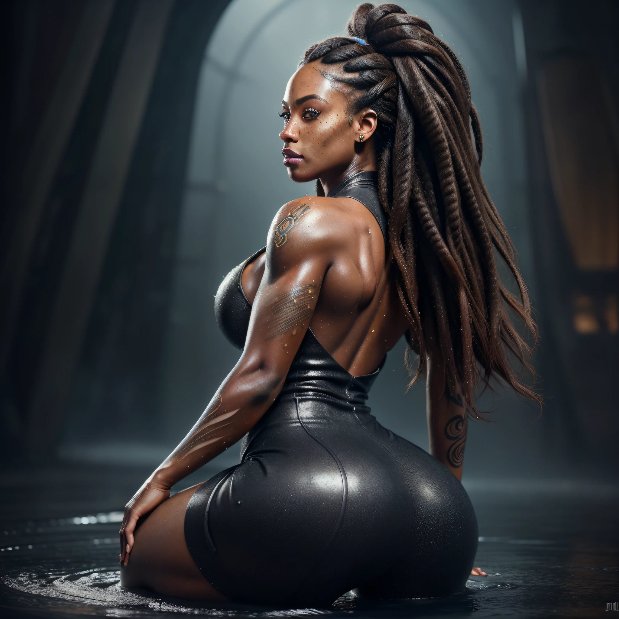 Photo from behind, full-body portrait of a beautiful woman,((perfect female face)), (+long colored wavy hair), (glitter freckles), glitter, wearing a dress, intricate, 8k, highly detailed, volumetric lighting, digital painting, intense, sharp, focus,character design concept art, (dark skin: 1.3), evil, (regal), monarch, athletic body, ((tattooed)), ((large breasts))), (neckline overflow: 1.3), (((big ass))),strong legs, (((wet)), magnificent, elegant, (dreds:0.9), high fantasy, portrait, perfect rendered face, perfect face details, dark, medium shot, realistic face,