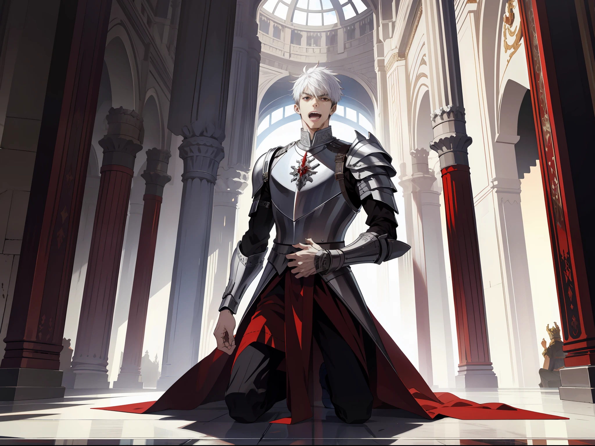 (absurd, high resolution), (panorama), (1 male), tall, in armor, red eyes, evil charm, short white back hair, in the palace, (surprised), open mouth, (kneeling on one knee), fear
