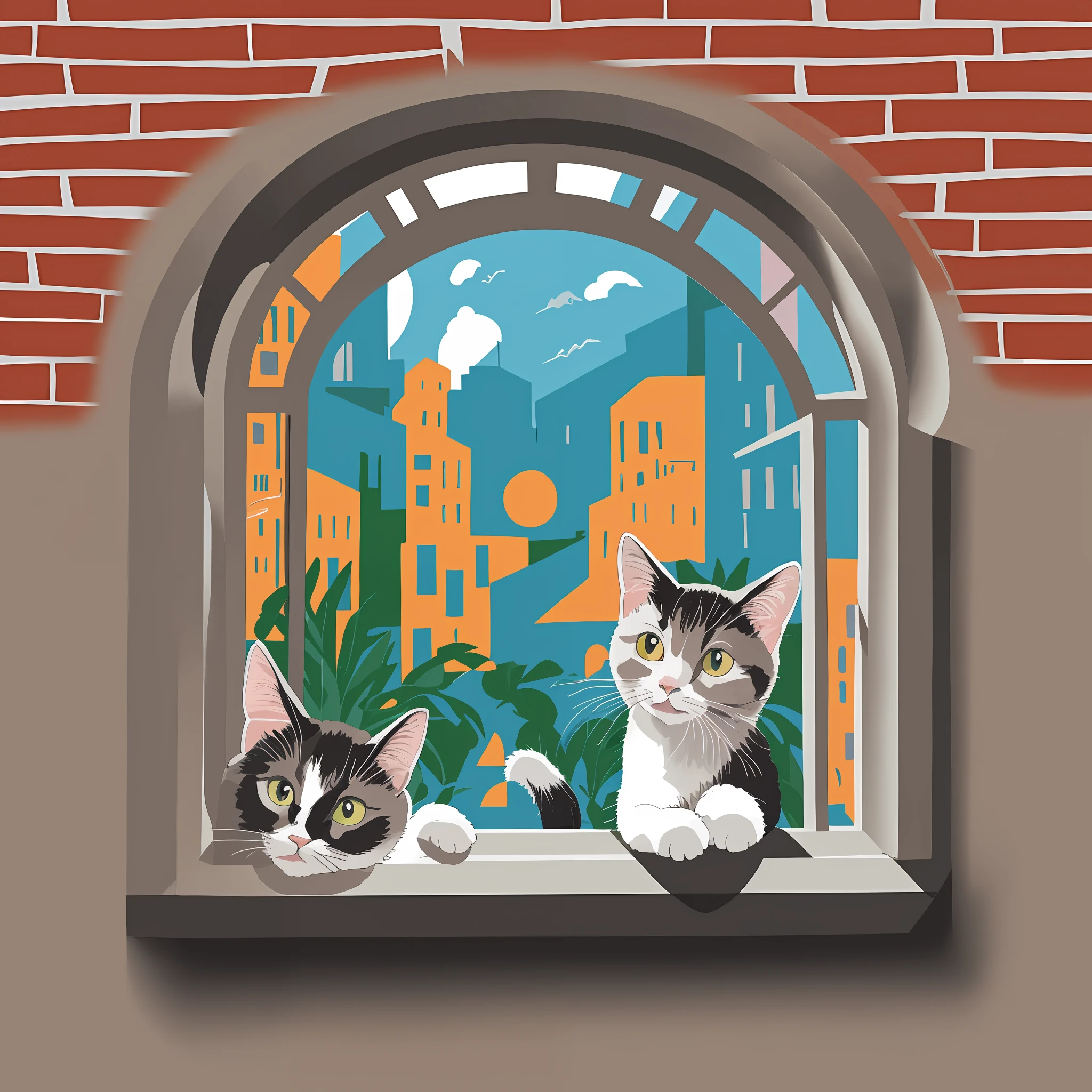 there are two cats that are sitting in a window sill, illustration of 2 cats, cityscape in the window, two cats, window ( city ), in style of digital illustration, looking outside, window and city background, full color illustration, cat on a windowsill, stylized digital illustration, cats and plants, inspired by Jean-Léon Gérôme
