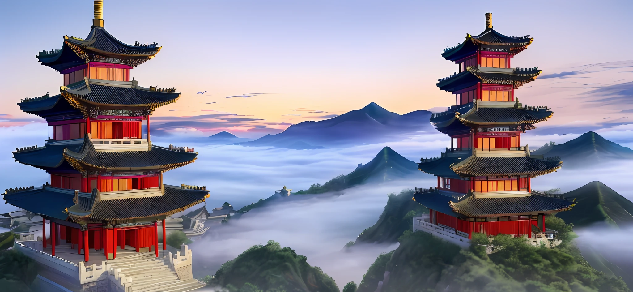 Clouds, sky, night, ancient Chinese buildings, exquisite and real, exquisite and complex structure of pavilions, changeable fantasy, castles in the sky, mountains, plants, falling flowers, fairy air fluttering, fairy online games, virtual fog, heavenly court, moonlight