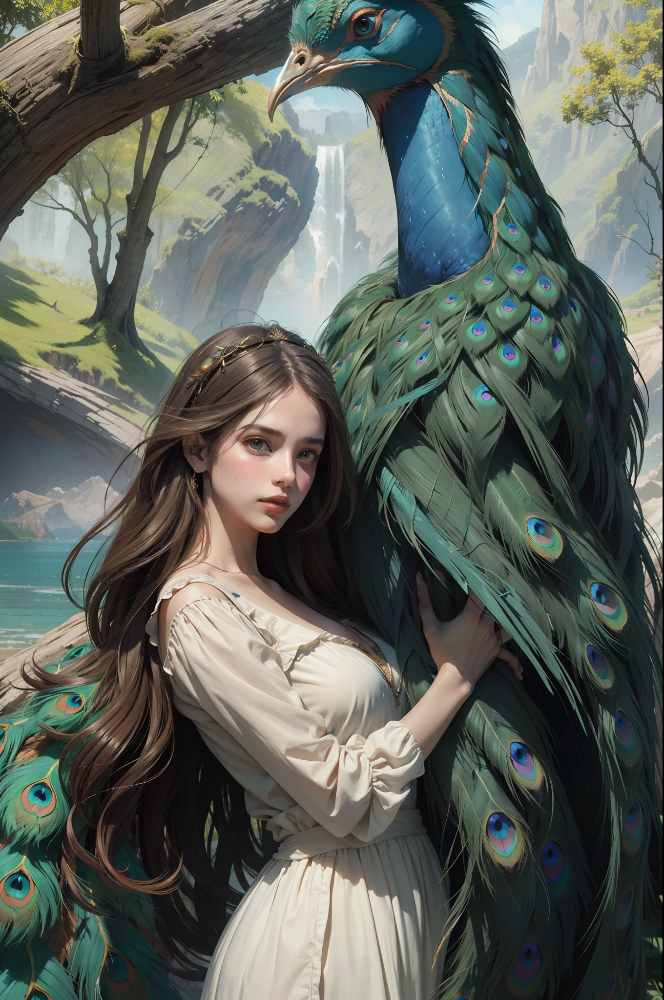 fantastic realism, masterpiece, super detailed, 1 beautiful girl, hugging a giant peacock, plain, background lake, detailed background, (top quality, Alessandro Casa Grande, Greg Rutkowski, Sally Mann, concept art, 4k),
