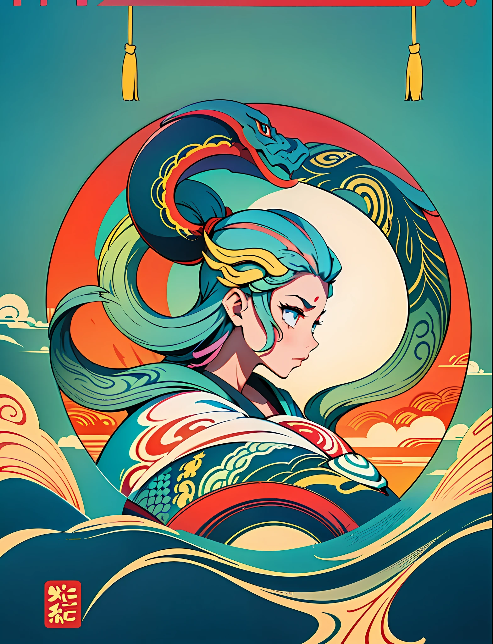 Zodiac Snake Warrior, Chinese Landscape Abstract Painting, Zen, Amy Saul Style, Light Abstract Cover Art, Simple Vector Art, Contemporary Chinese Art, Color Gradient, Soft Color Palette Multi-layered Form, Whimsical Animation, Ethereaabstract Style