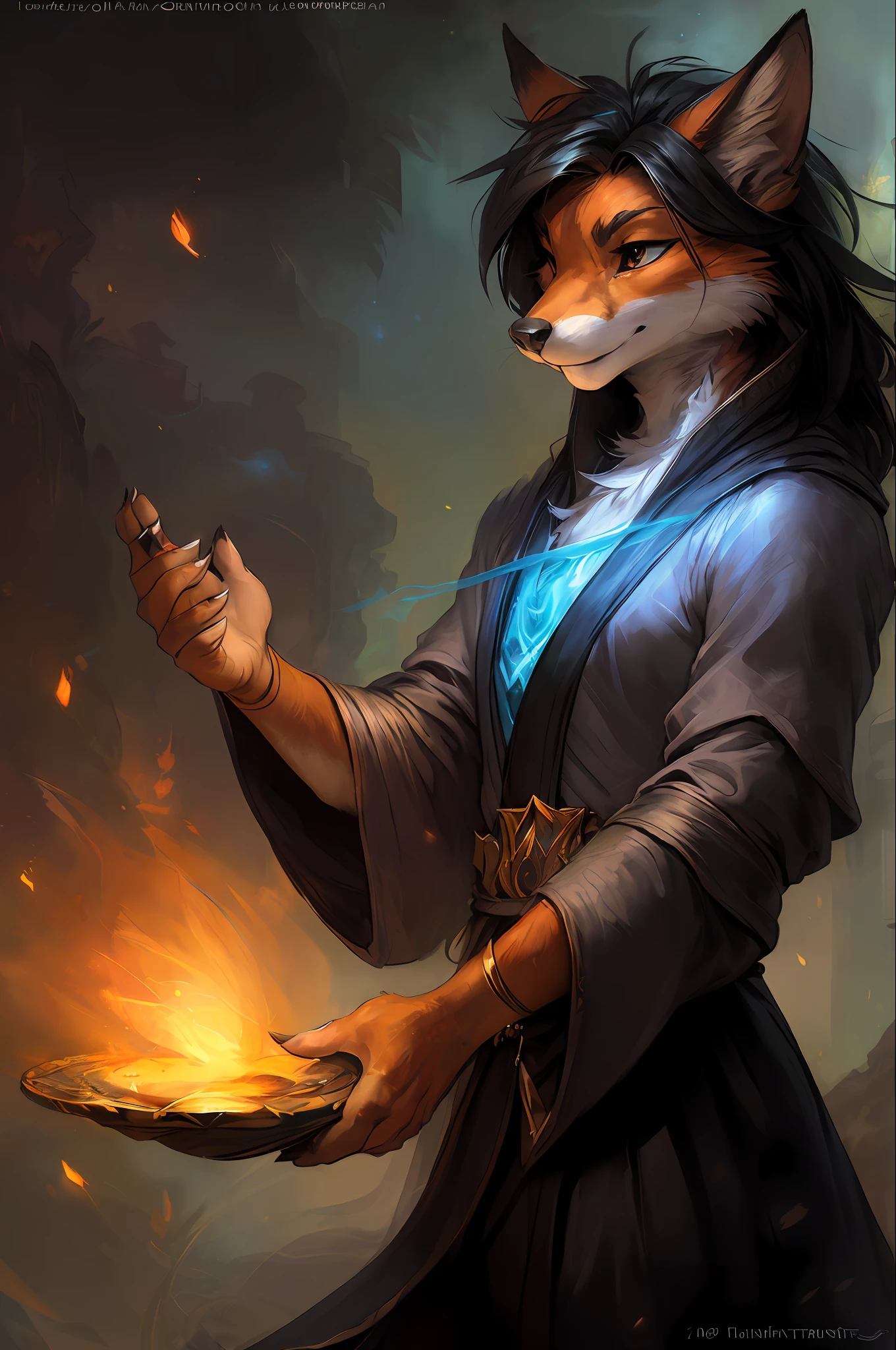 kenket, ross tran, ruan jia, bonifasko, a fox made out of (wandering wizard), black mane of hairs, fantasy portrait, finely detailed robe, intricate design, magic, silk, cinematic lighting, 4k,
