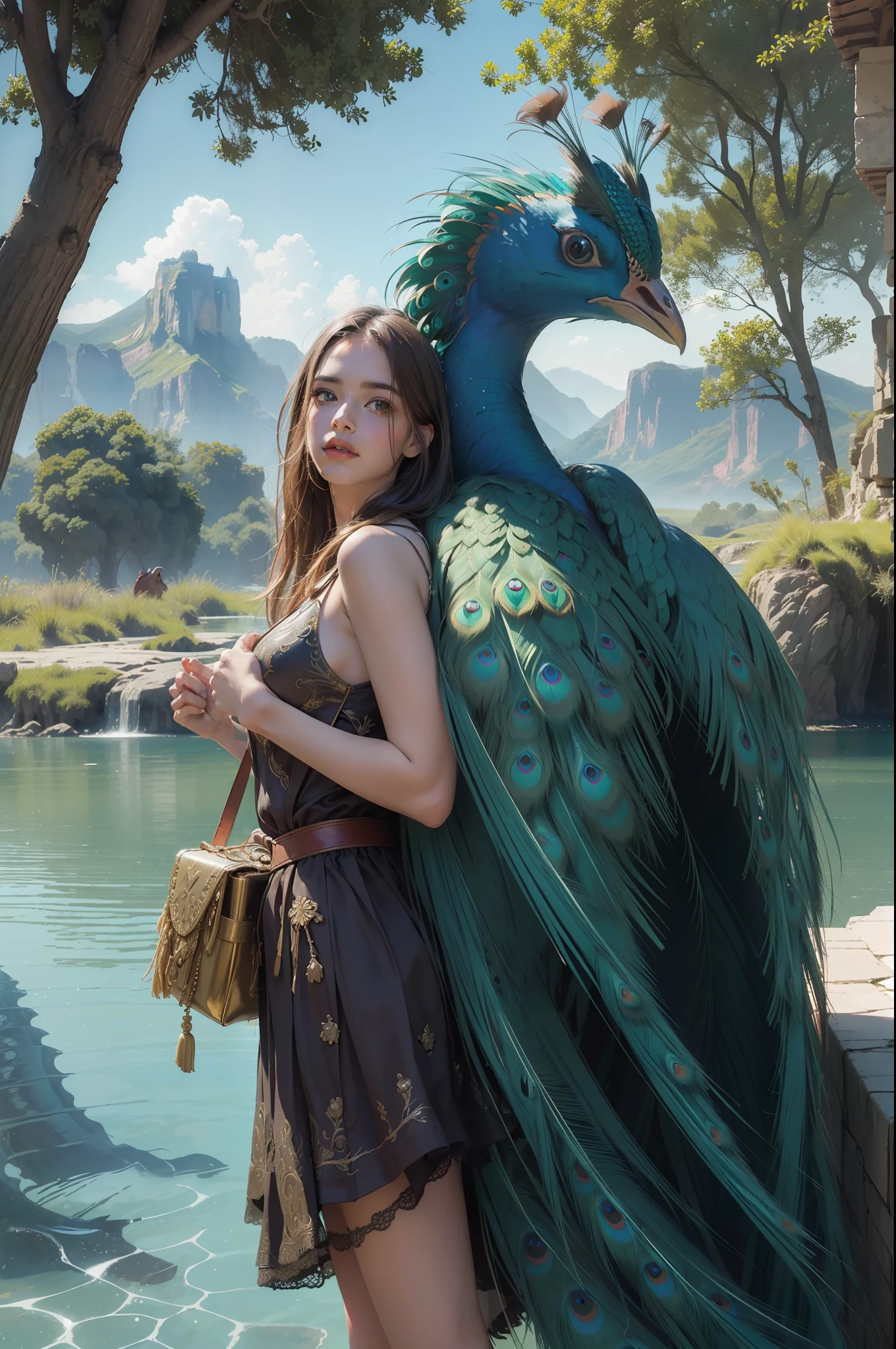 fantastic realism, masterpiece, super detailed, 1 beautiful girl, hugging a giant peacock, plain, background lake, detailed background, (top quality, Alessandro Casa Grande, Greg Rutkowski, Sally Mann, concept art, 4k),