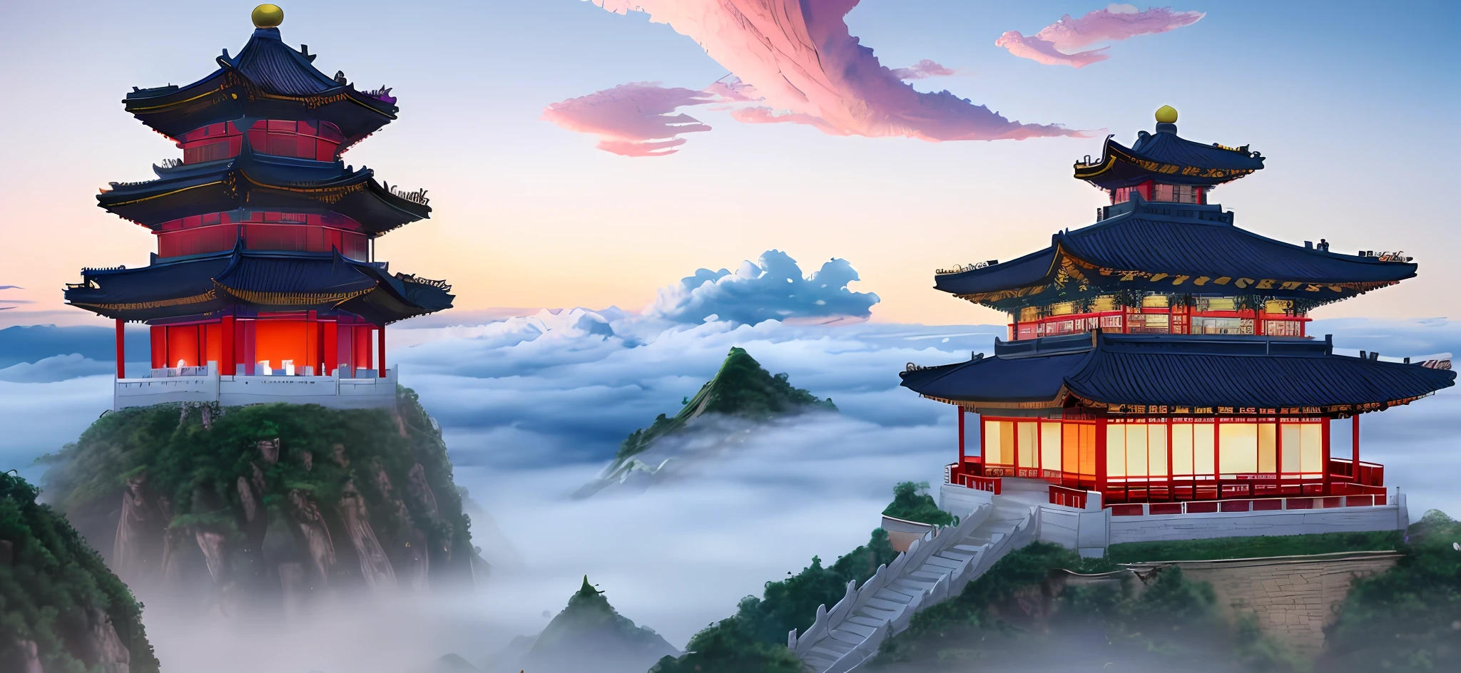 Clouds, sky, night, ancient Chinese buildings, exquisite and real, exquisite and complex structure of pavilions, changeable fantasy, castles in the sky, mountains, plants, falling flowers, fairy air fluttering, fairy online games, virtual fog, heavenly court, moonlight