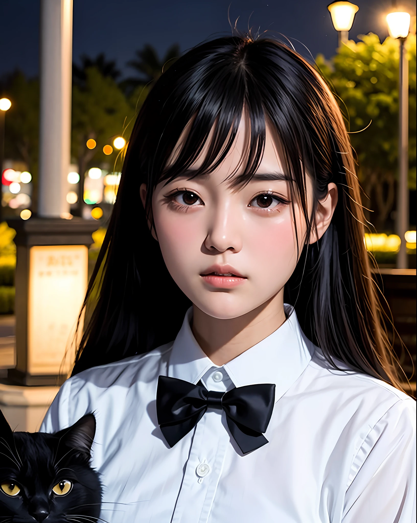 Masterpiece, best picture quality, beautiful girl, 15 years old, long hair, black hair, bangs, black cat suit, student, white blouse, from waist up, up close, park (night), moonlight, fountain, street lamp, detailed eyes, big eyes, swollen eyes, depressed expression, facing front, realistic photo, real photo, double eyelids, Japanese girl, beautiful Asian girl, crying expression, facing straight on, close-up, maid outfit, white blouse, black bow tie,