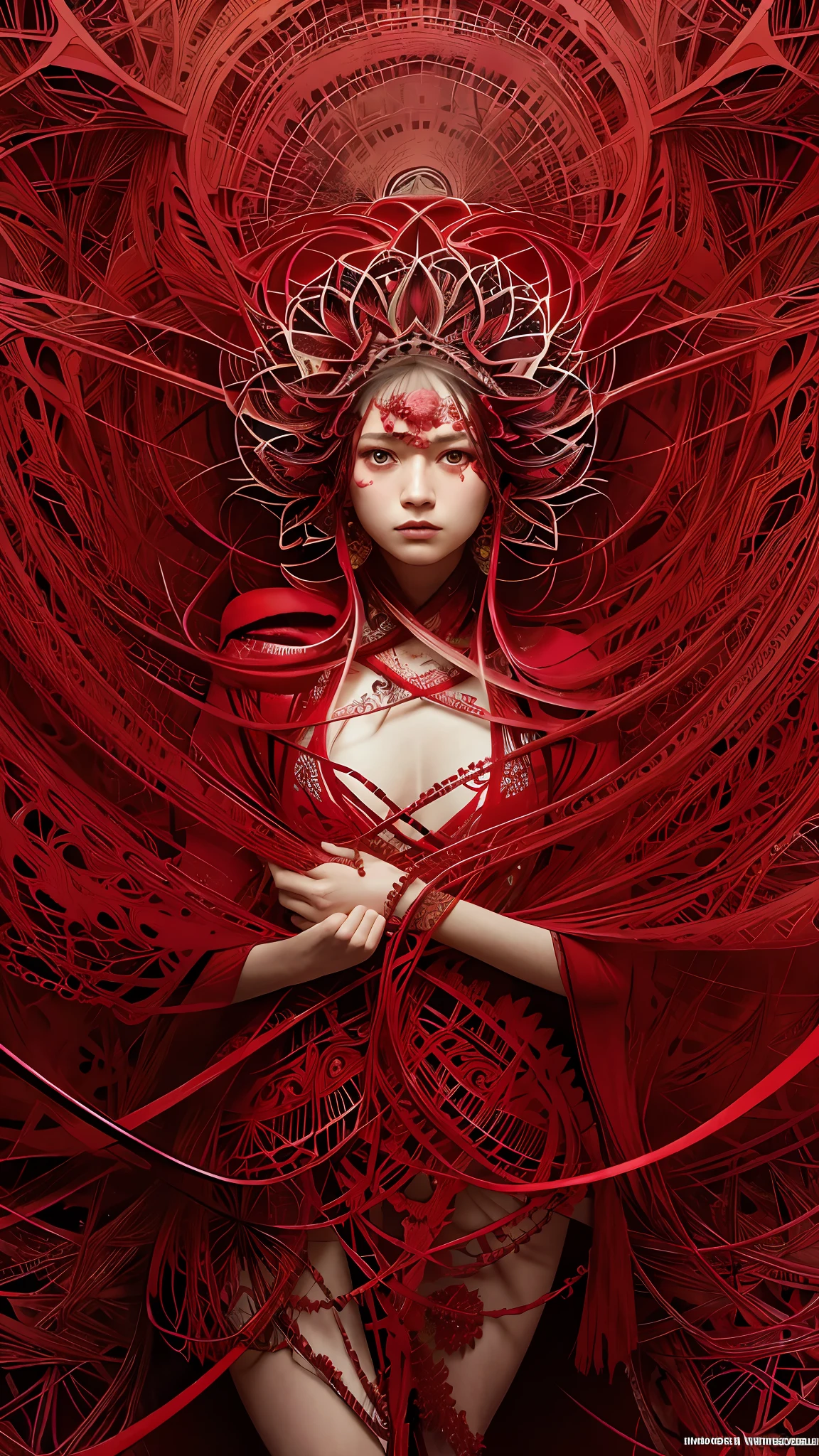 official art, unity 8k wallpaper, ultra detailed, beautiful and aesthetic, masterpiece, best quality, (zentangle, mandala, tangle, entangle), (fractal art:1.3) , 1girl, red flowers, extremely detailed, dynamic angle, cowboyshot, the most beautiful form of chaos, elegant, a brutalist designed, vivid colours, romanticism, by james jean, roby dwi antono, ross tran, francis bacon, michal mraz, adrian ghenie, petra cortright, gerhard richter, takato yamamoto, ashley wood, atmospheric