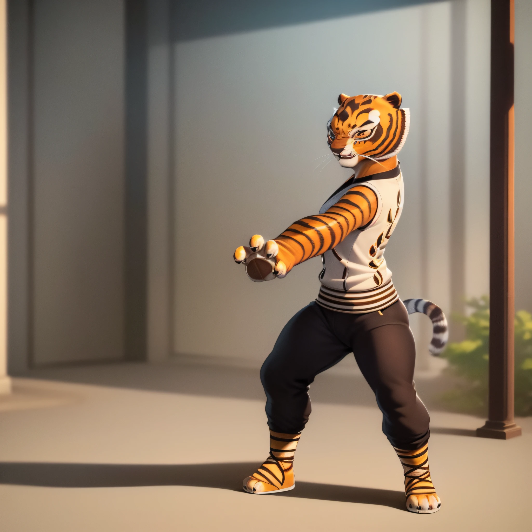 ((masterpiece, best quality)),(complex light),full body of tigress ,1girl, solo, furry female , anthro tiger,no humans,pants, standing, fighting stance,