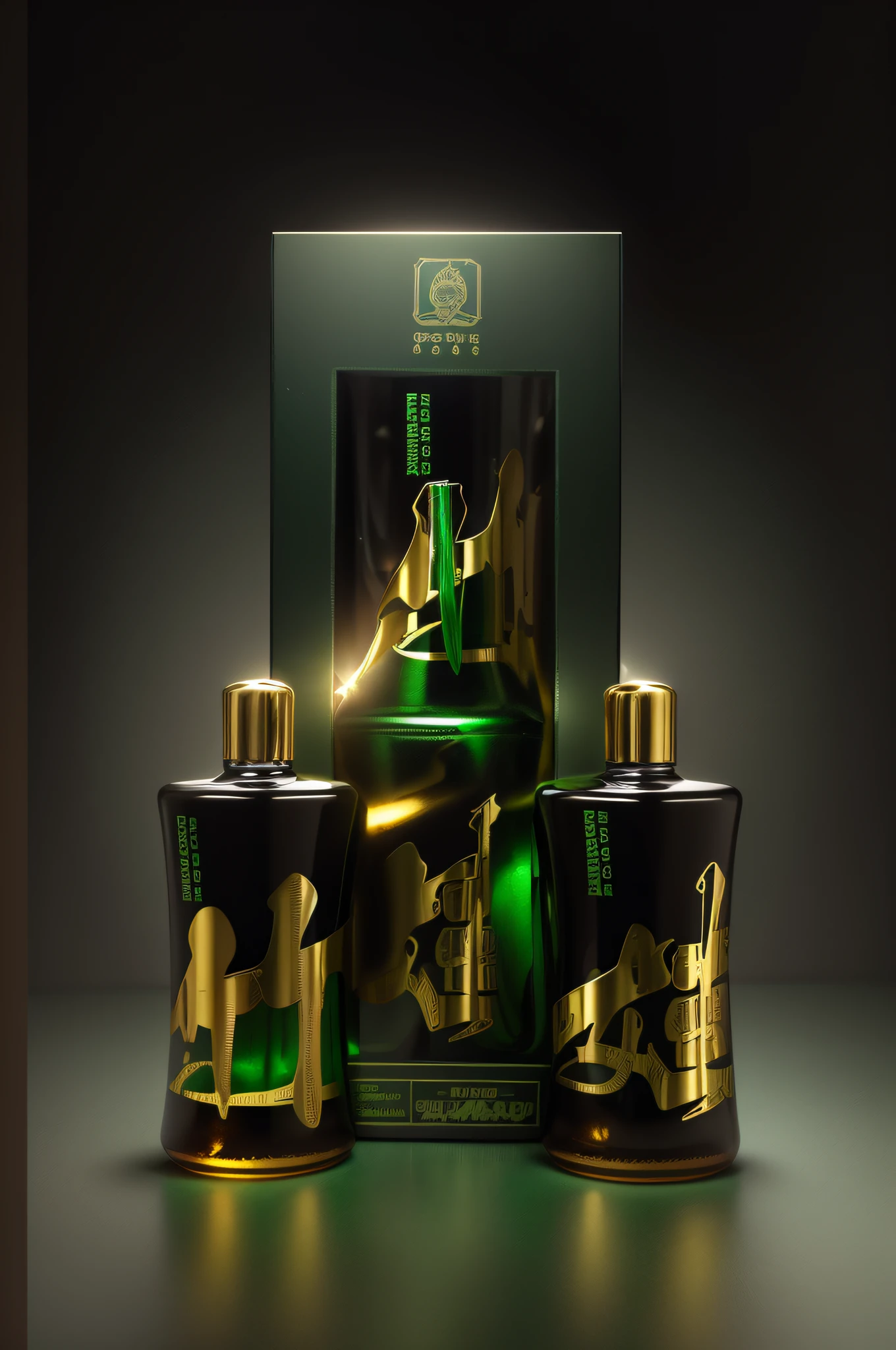 Black background, green liquor bottle, made of liquid green metal, bottle body text is golden, cap gold, liquor, green liquid, mekka, liquor bottle, miniature product photo, high quality product photo, commercial product photography, detailed product photo, light with classical atmosphere --auto --s2