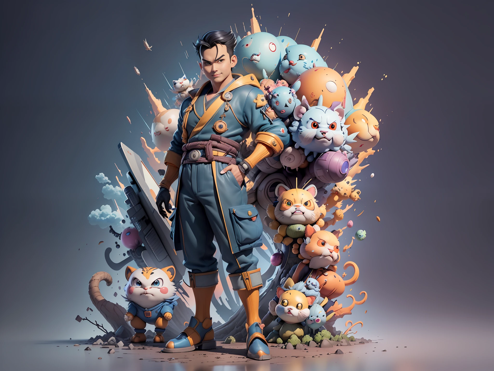 ((Masterpiece), (Excellent), (Super Meticulous), (Full Body: 1.2), Super Young Man, Oriental Face, Japanese Wind and Thunder, Dragon, Tiger, TV Anchor, Bust Portrait Illustration, Alone, Black Suit, Blue Tie, Slightly Chubby Face, Very Clean Face, No Beard, Black Super Short Hair, Black Eyes, Confident Smile, 3c Computer Sub-Products, iPad, iPhone, Digital Painting, 3D Character Design by Akira Toriyama and Mark Claireden and Pixar and Hayao Miyazaki, The illustration is a high-definition illustration in 4K resolution with very detailed facial features and cartoon-style visuals.