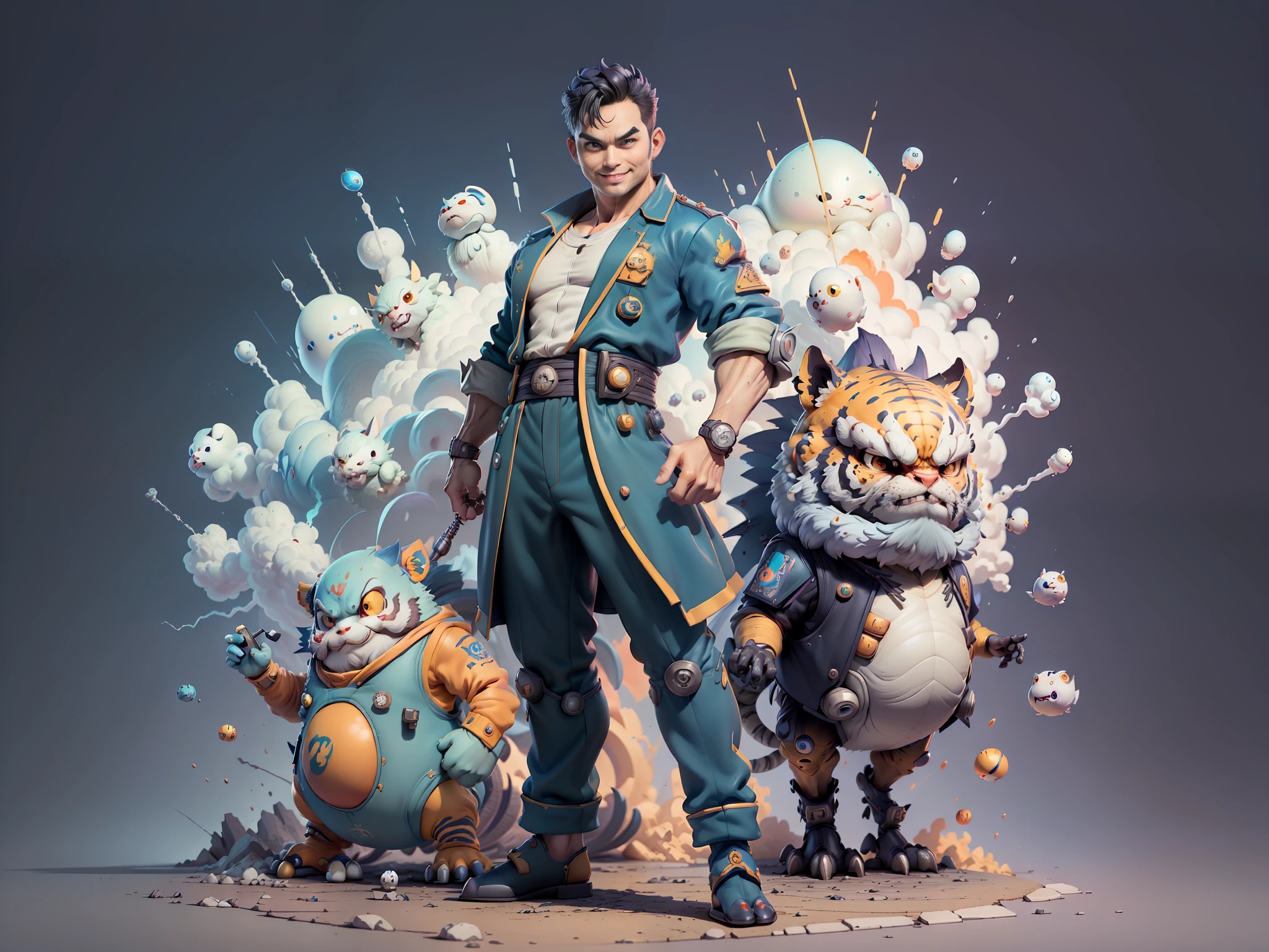 ((Masterpiece), (Excellent), (Super Meticulous), (Full Body: 1.2), Super Young Man, Oriental Face, Japanese Wind and Thunder, Dragon, Tiger, TV Anchor, Bust Portrait Illustration, Alone, Black Suit, Blue Tie, Slightly Chubby Face, Very Clean Face, No Beard, Black Super Short Hair, Black Eyes, Confident Smile, 3c Computer Sub-Products, iPad, iPhone, Digital Painting, 3D Character Design by Akira Toriyama and Mark Claireden and Pixar and Hayao Miyazaki, The illustration is a high-definition illustration in 4K resolution with very detailed facial features and cartoon-style visuals.