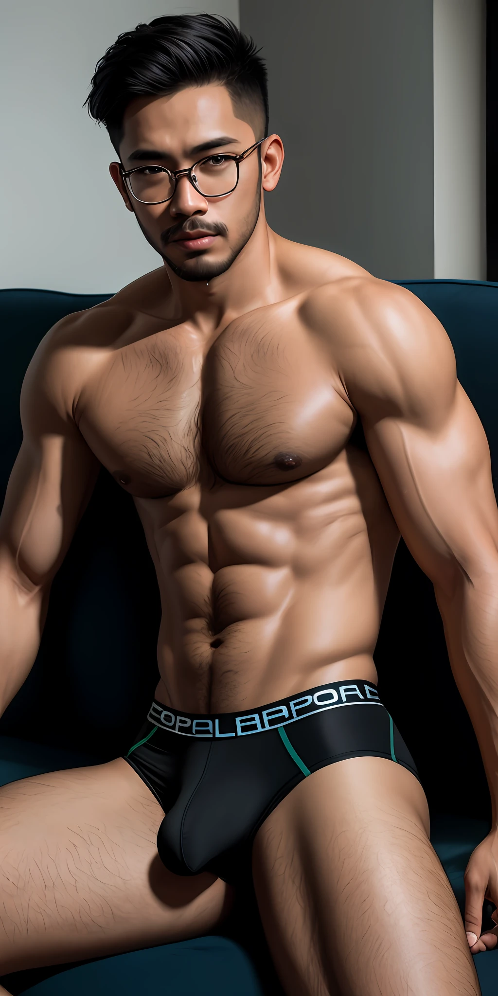 beautiful adult Indonesian college guy, hairy chest, pubic hair, wearing clear glasses, facial hair, short cut hair, wearing tight compression outfit, lying in the sofa, showing his armpit, ((slim, muscular)), photorealistic, photo, masterpiece, realistic, realism, photorealism, high contrast, photorealistic digital art trending on Artstation 8k HD high definition detailed realistic, detailed, skin texture, hyper detailed, realistic skin texture, armature, best quality, ultra high res, (photorealistic:1.4),, high resolution, detailed, raw photo, sharp re, by lee jeffries nikon d850 film stock photograph 4 kodak portra 400 camera f1.6 lens rich colors hyper realistic lifelike texture dramatic lighting unrealengine trending on artstation cinestill 800,