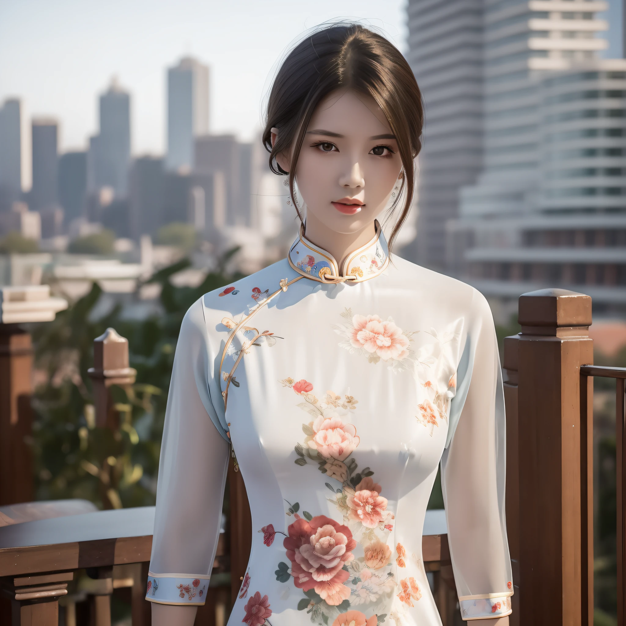 Best quality, masterpiece, (Realisticity: 1.2), medium view of a 20-year-old brunette in a transparent cheongsam, high viewing angle, head up, skyline out of focus in background, detailed face, beautiful eyes, stout chin