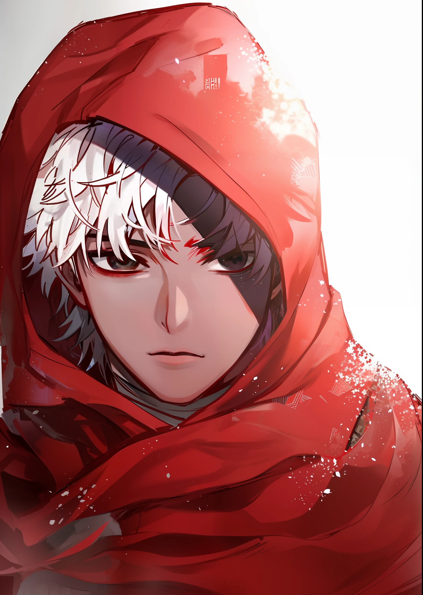 anime boy in red hoodie with white hair and black eyes, kaneki ken, he‘s wearing a red scarf, ken kaneki, tokyo ghoul, high quality fanart, 4 k manga wallpaper, red hoods, profile picture 1024px, male anime style, anime wallaper, portrait of ninja slayer, dressed in a beautiful red cloak, male anime character