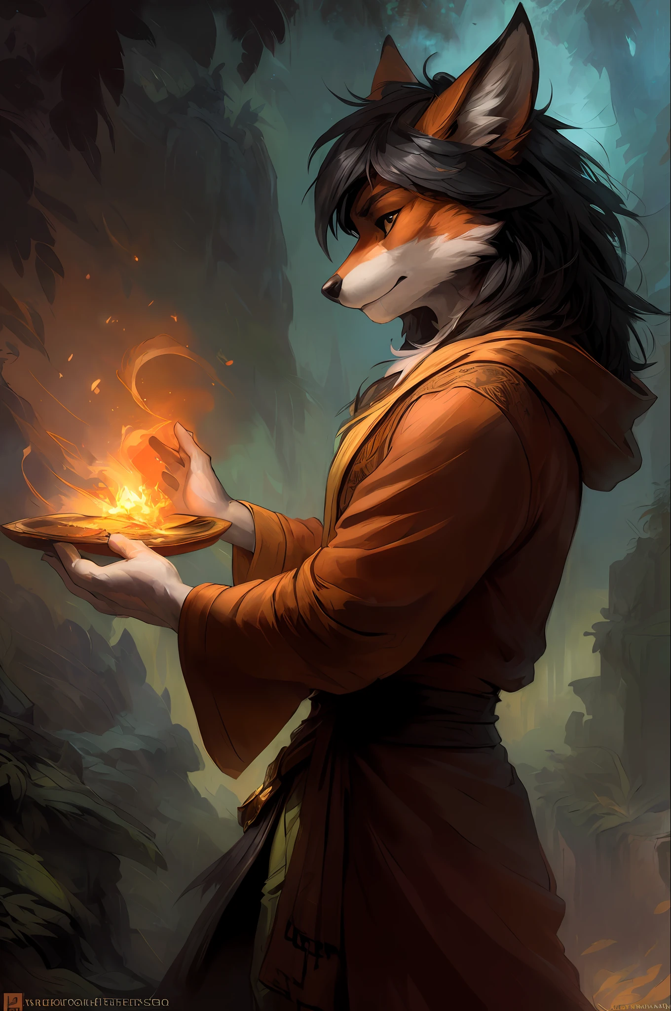kenket, ross tran, ruan jia, bonifasko, a male fox made out of (wandering wizard), black mane of hairs, fantasy portrait, finely detailed robe, intricate design, magic, silk, cinematic lighting, 4k,