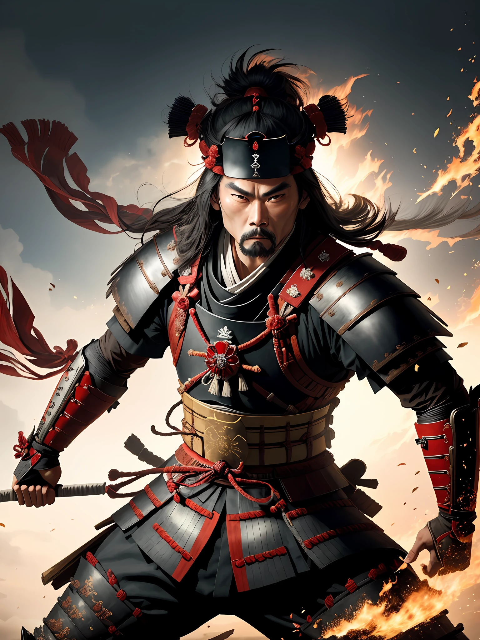 Visualize a powerful samurai in the midst of an important historical moment, displaying their skill and bravery as they make a decisive move that will change the course of history