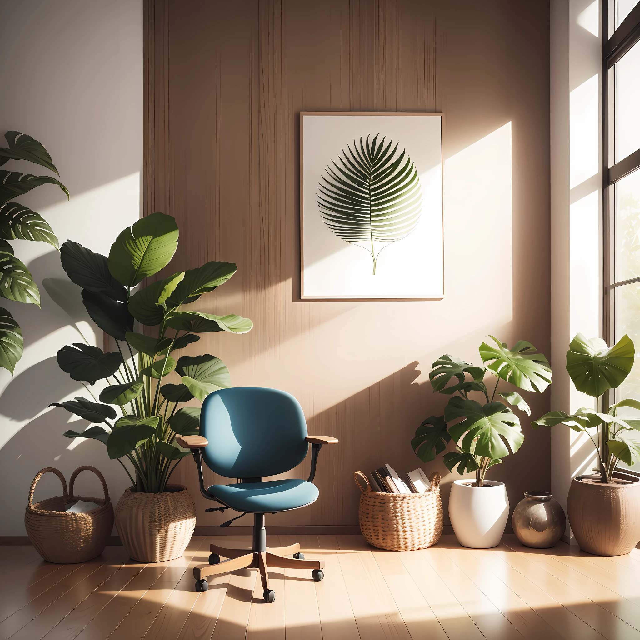 A circle chair is placed on the wooden floor, office, Surrounding plants, high detail, Verism, Canon, best quality, highres, super detail --auto --s2