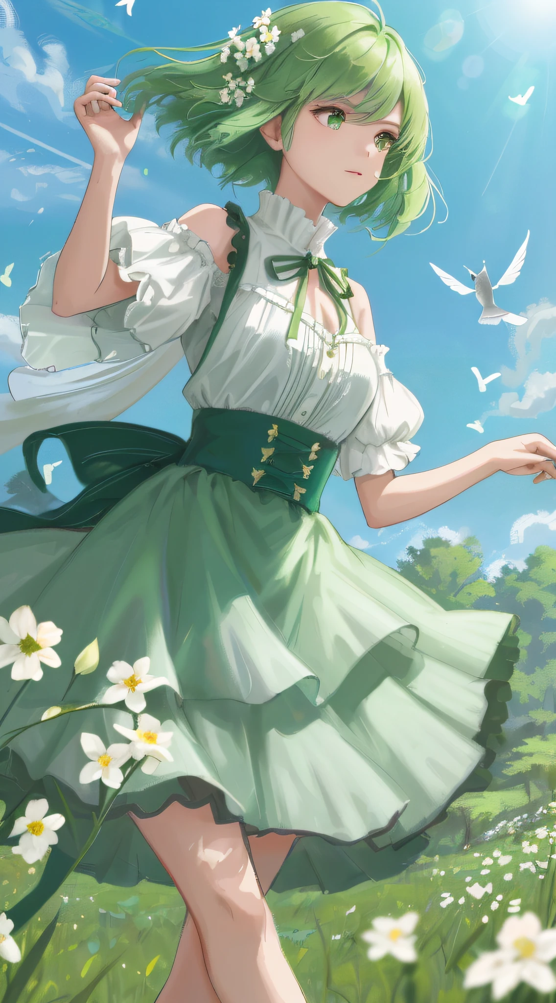 High Detail, Ultra Detail, Ultra High Resolution Short green hair girl enjoying her time in open field, surrounded by the beauty of nature, warm sun sprinkling on her, white flowers gently swaying in the breeze. Butterflies and birds flutter around her, adding to the playful atmosphere , --v6