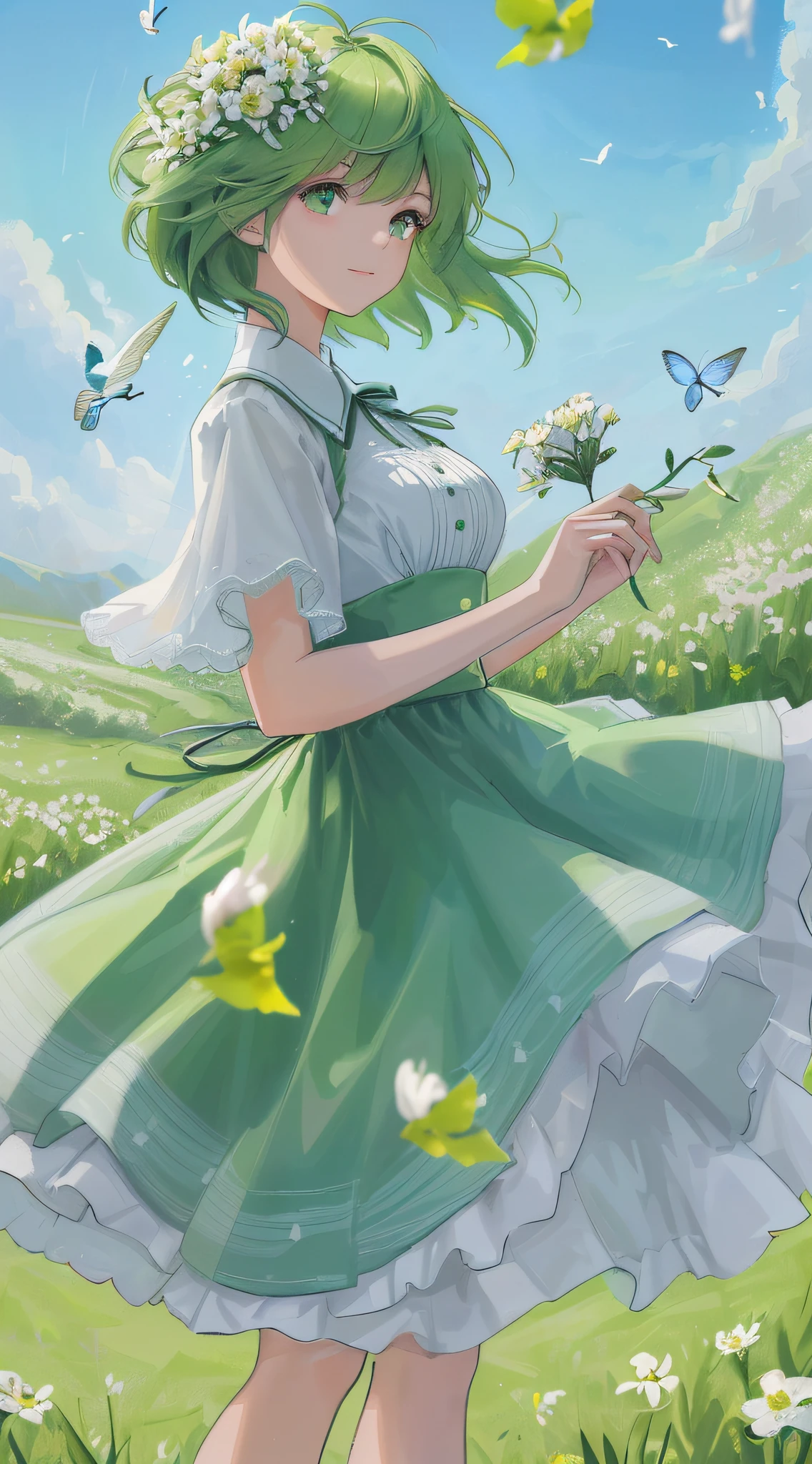 High Detail, Ultra Detail, Ultra High Resolution Short green hair girl enjoying her time in open field, surrounded by the beauty of nature, warm sun sprinkling on her, white flowers gently swaying in the breeze. Butterflies and birds flutter around her, adding to the playful atmosphere , --v6