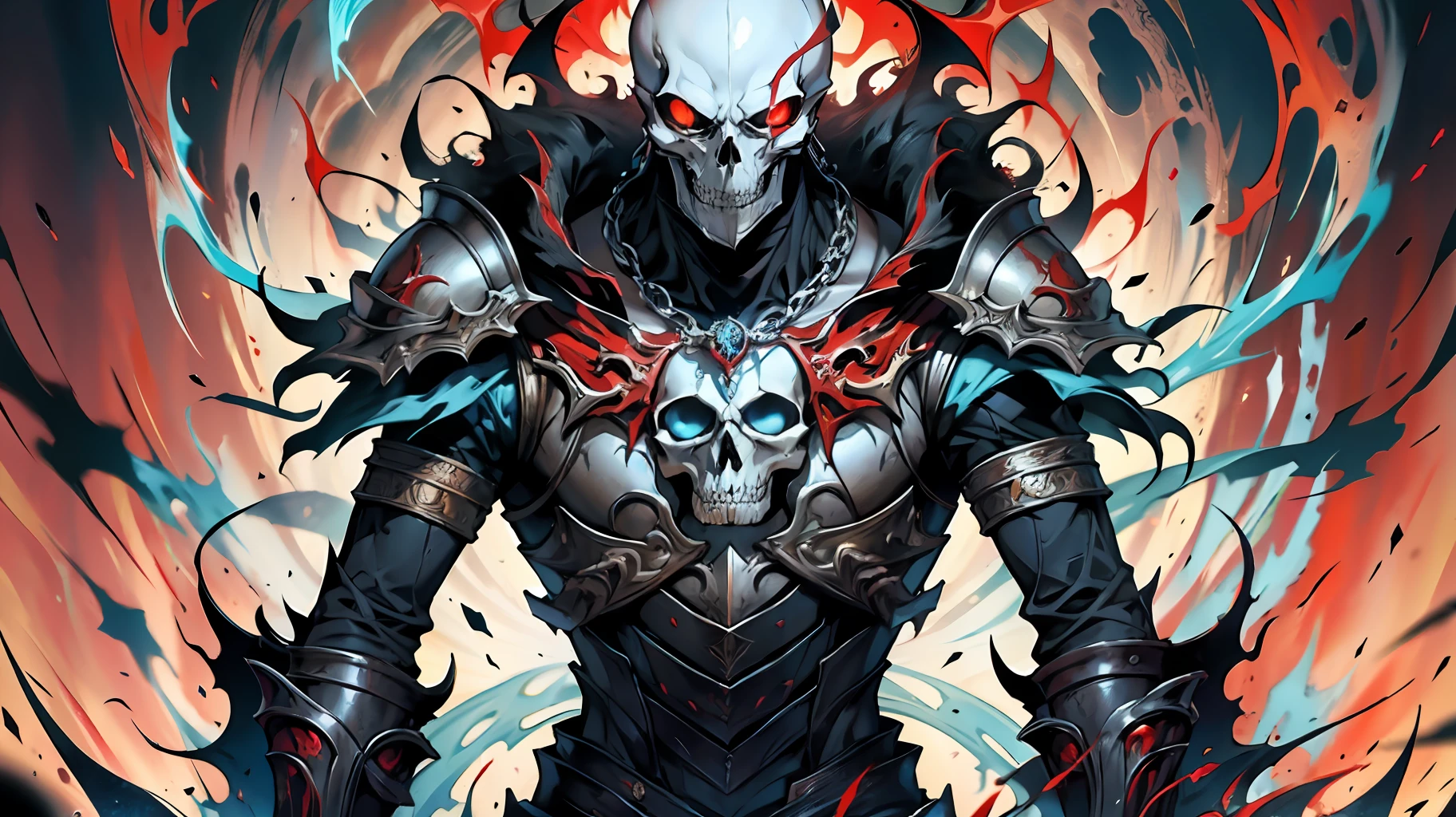 An anime poster featuring a dark skull, evil and dangerous, intricate and delicate armor on the upper body, skull jewelry and necklace decoration, lean figure, fierce and empty flame eyes, hands folded, a large number of blue flame skull soul surrounding, flowing special effects, red background, visual impact, the art of demons, real human skeletons, manga style art, light red and light black, action painting