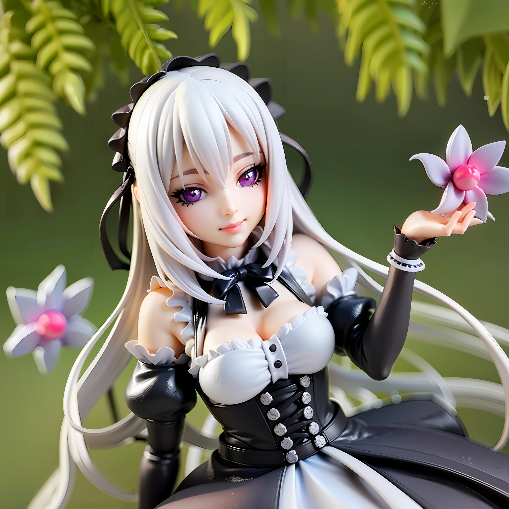 White Hair, Gothic ta, Purple Eyes, Straight Long Hair,1girl, on grass, sunlight,beautiful eye,full body, chibi, [realistic], [3d], smile, closed mouth,(8k, RAW photo, best quality, masterpiece:1.2), ultra high res, (((realistic, photo-realistic))), professional lighting, detailed lighting, professional photography, fisheye, dynamic angle, high quality, high res, extremely detailed, bloom,depth of field, sketch, sharp focus, soft lighting, good composition, god light highlight, detailed, (((photorealistic details))), detailed skin, to8contrast style