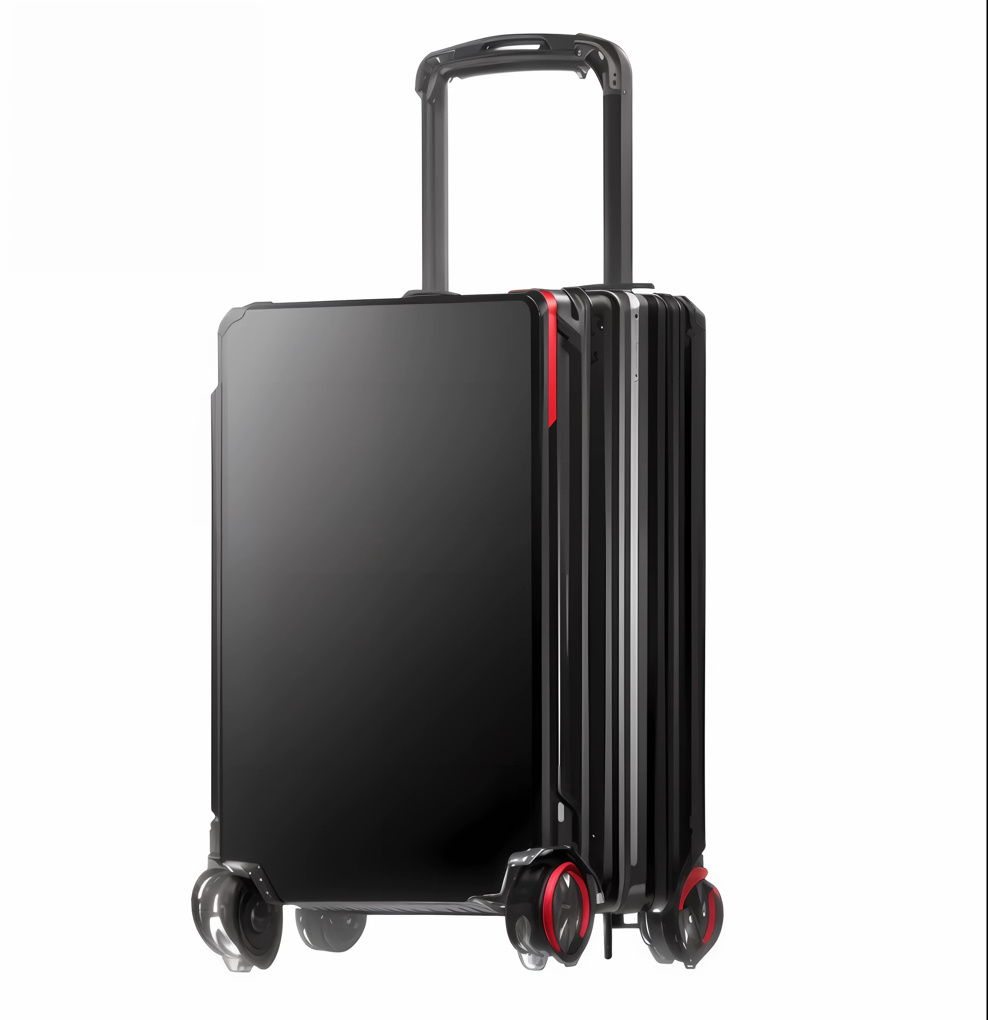 Close-up of a trolley case, matte plastic and anodized aluminum, vertical grille, delicate red lines, realistic, ultra-high quality, product design, 8k