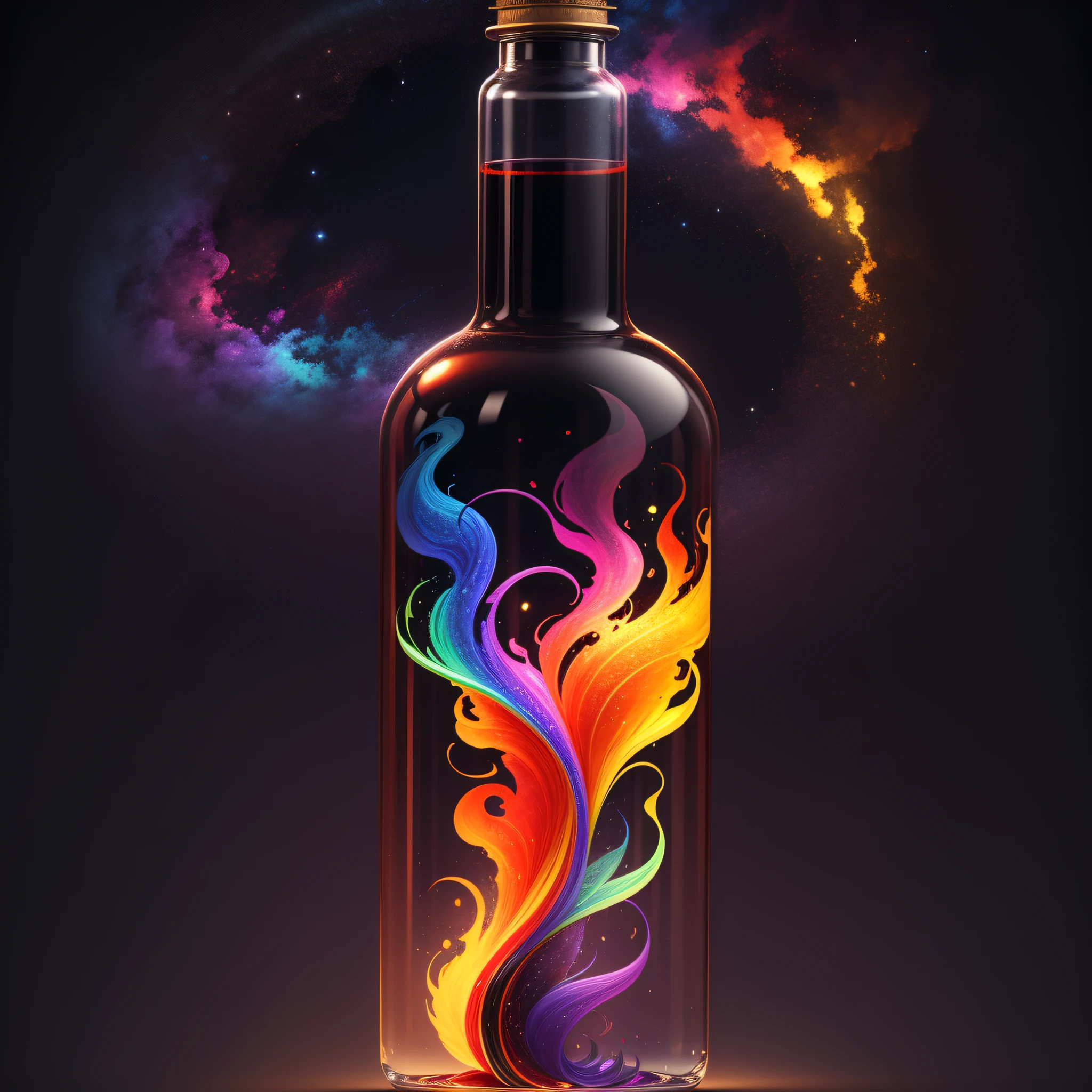 rainbow flame trapped in a long and wide glass bottle, 8k , detailed, high quality ,flawless, masterpiece, ( mid-night background)