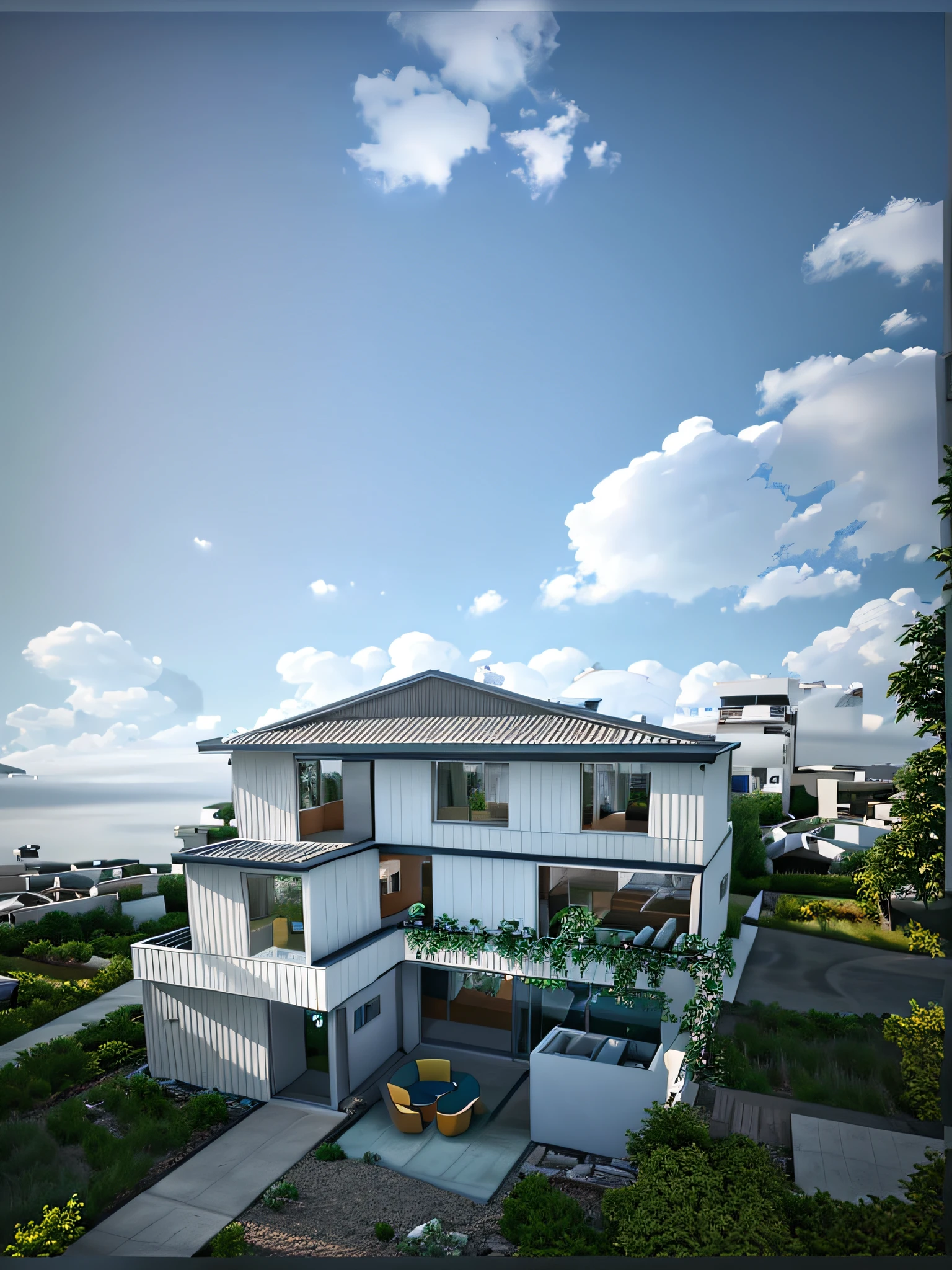 Arraft view of modern house with many windows, concept house, rendering in Lumion Pro, realistic 3D style, architectural visualization, Lumion rendering, architectural visualization, Lumion rendering, photorealistic rendering, architectural rendering, rendering in Lumion, 3/4 view realistic, wide-angle look 2022, highly detailed Unreal Engine completes the sky