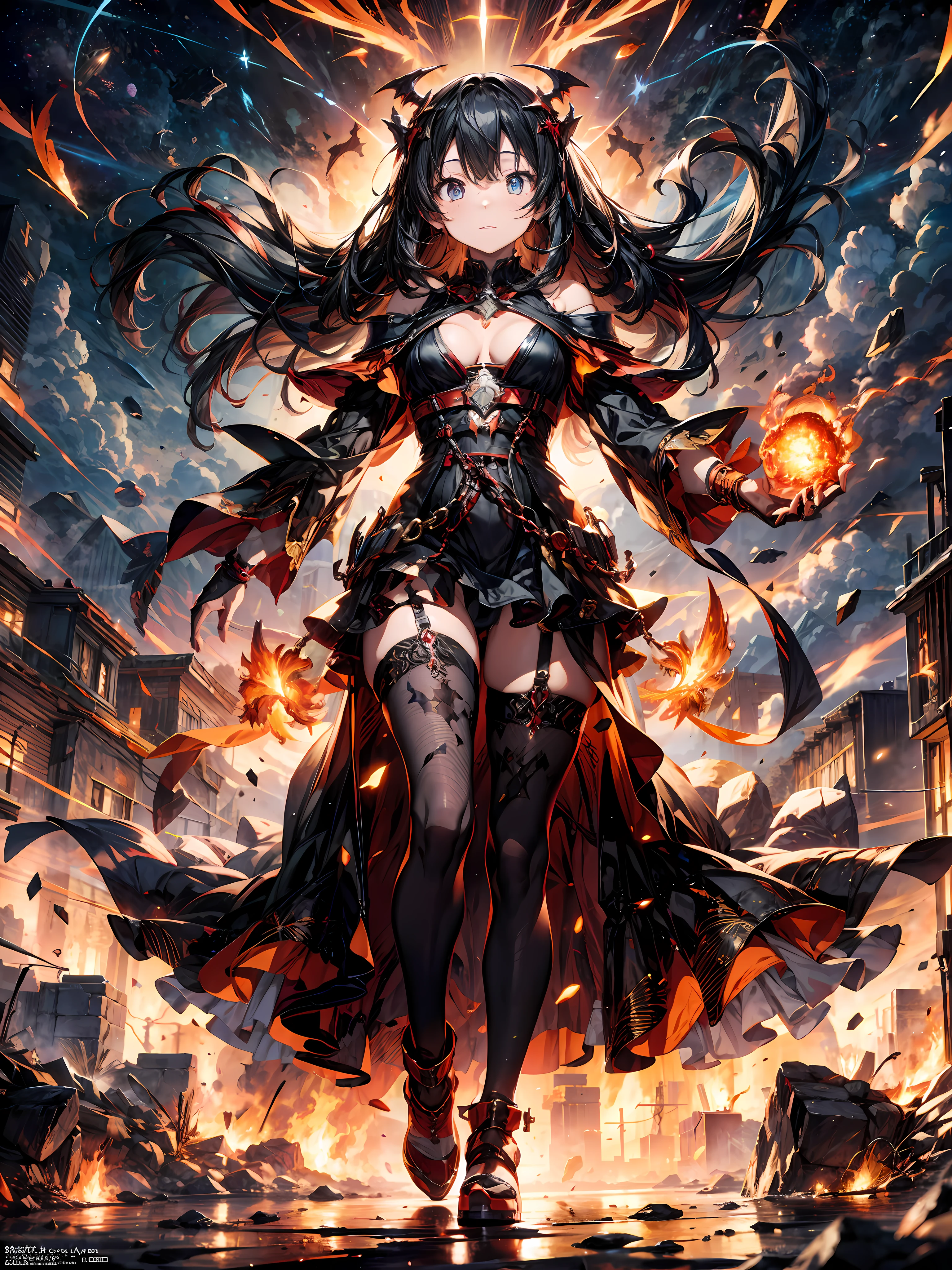 full body photo of a anime scene of a demonic sorceress conjuring fire, various burning chains around her, seductive body,tall body, mature body, BREAK burning aura, fire balls, orange and yellow spark dazzling around, small phoenix flying in the background, lava on the ground, magma, sexy body BREAK,Detailed,Realistic,4k highly detailed digital art,octane render, bioluminescent, BREAK 8K resolution concept art, realism,by Mappa studios,masterpiece,best quality,official art,illustration,ligne claire,(cool_color),perfect composition,absurdres, fantasy,focused,rule of thirds,(((detailed perfect face)))