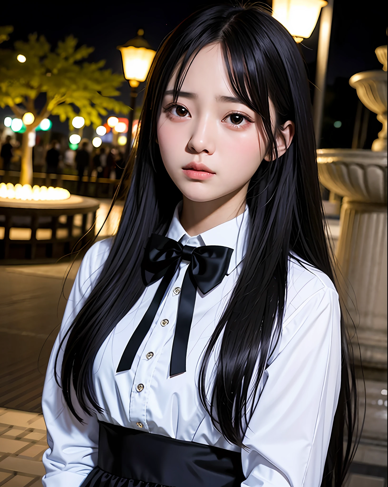 Masterpiece, best picture quality, beautiful girl, 15 years old, long hair, black hair, bangs, black cat suit, student, white blouse, above waist, up close, night park, moonlight, fountain, street lamp, detailed eyes, big eyes, swollen eyes, depressed expression, facing front, realistic photo, real photo, double eyelids, Japanese girl, beautiful Asian girl, crying expression, facing straight on, close-up, maid outfit, white blouse, black bow tie,
