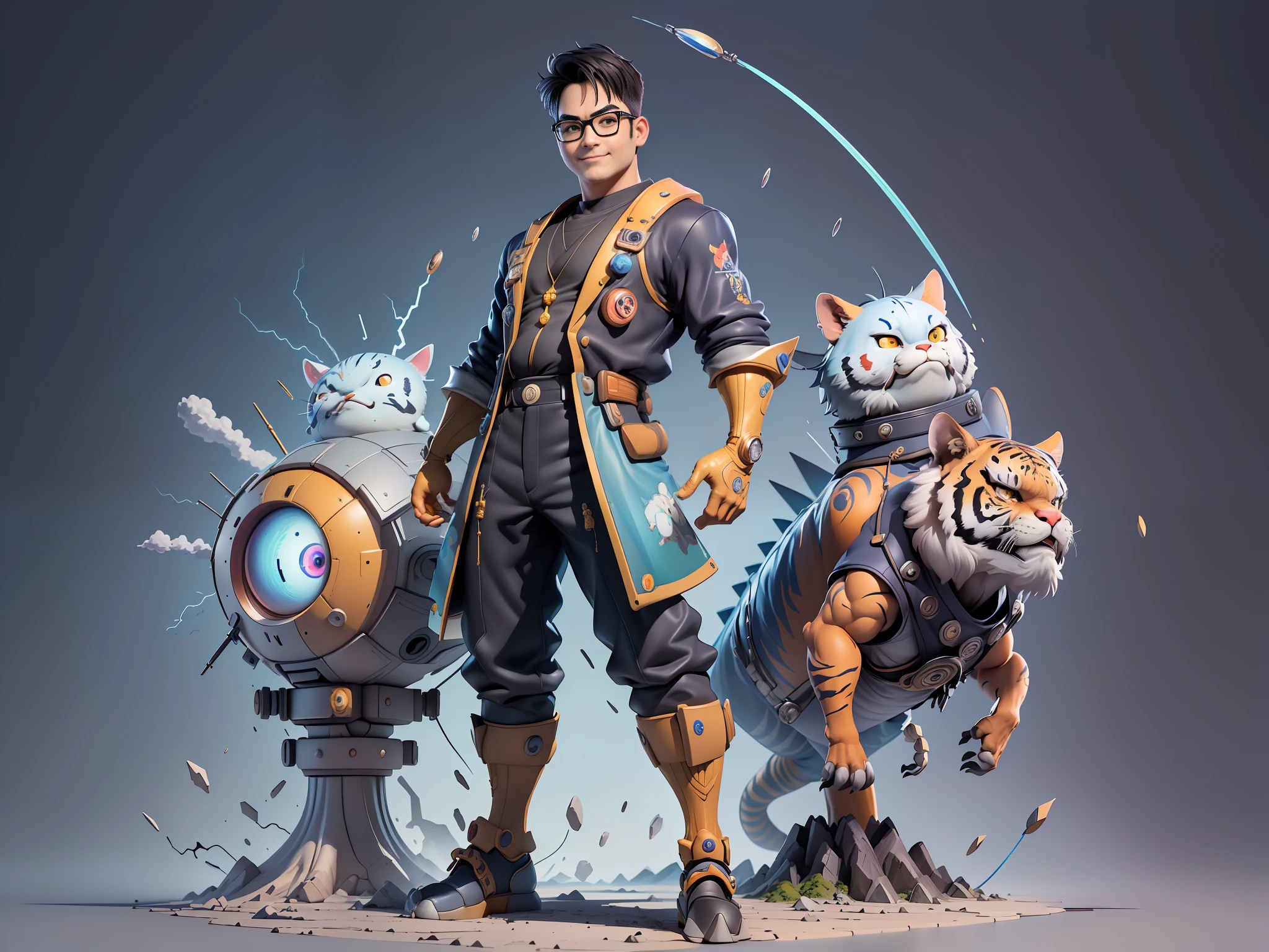 ((Masterpiece), (Extreme Quality), (Super Meticulous), (Full Body: 1.2), Super Young Man, Oriental Face, Japanese Wind and Thunder, Dragon, Tiger, TV Anchor, Bust Portrait Illustration, Alone, Black Suit, Blue Tie, Slightly Chubby Face, Silver Glasses Face Very Clean, No Beard, Black Super Short Hair, Black Eyes, Confident Smile, 3c Computer Sub-Products, iPad, iPhone, Digital Painting, 3D Character Design by Akira Toriyama and Mark Claireden and Pixar and Hayao Miyazaki, The illustration is a high-definition illustration in 4K resolution with very detailed facial features and cartoon-style visuals.